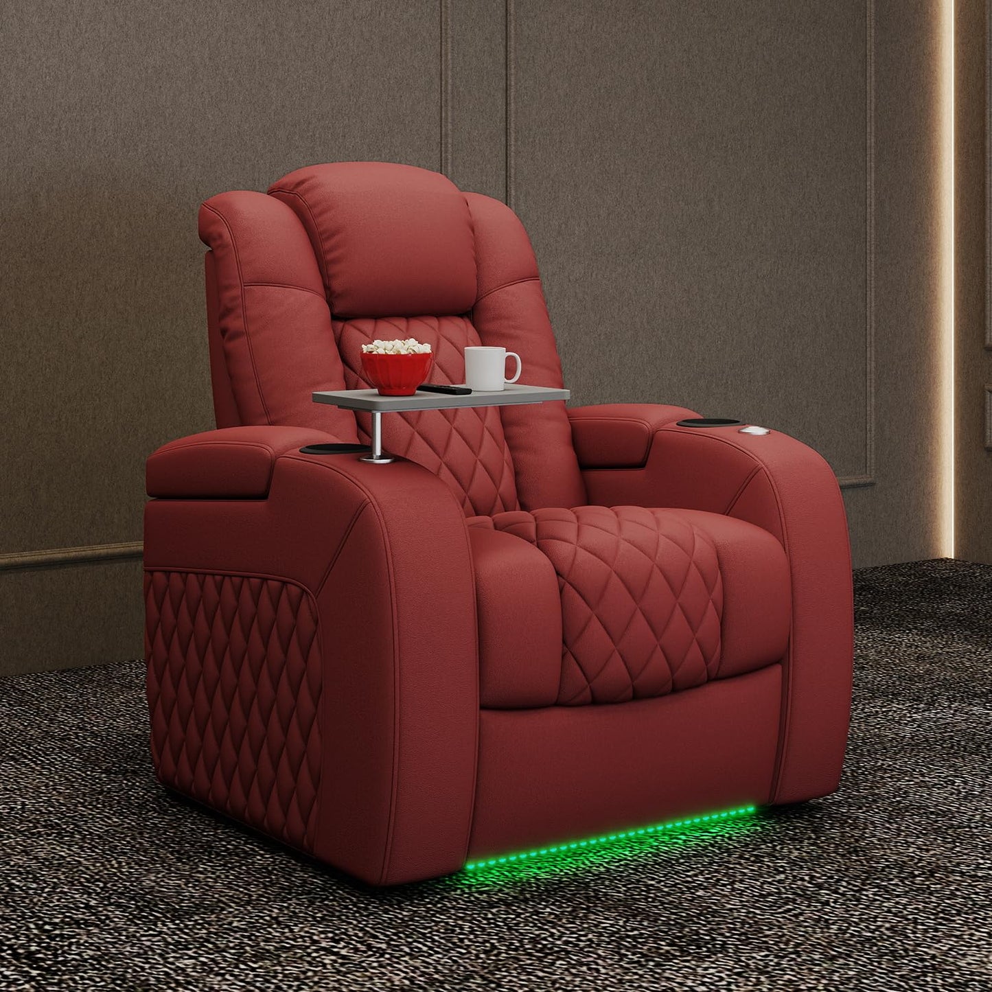 PBRO Home Theater Seating Genuine Leather Recliner Chair, Power Reclining & Headrest, USB A/C Charging Ports, Tray Table, Cup Holder Ambient Lighting Red Row of 1