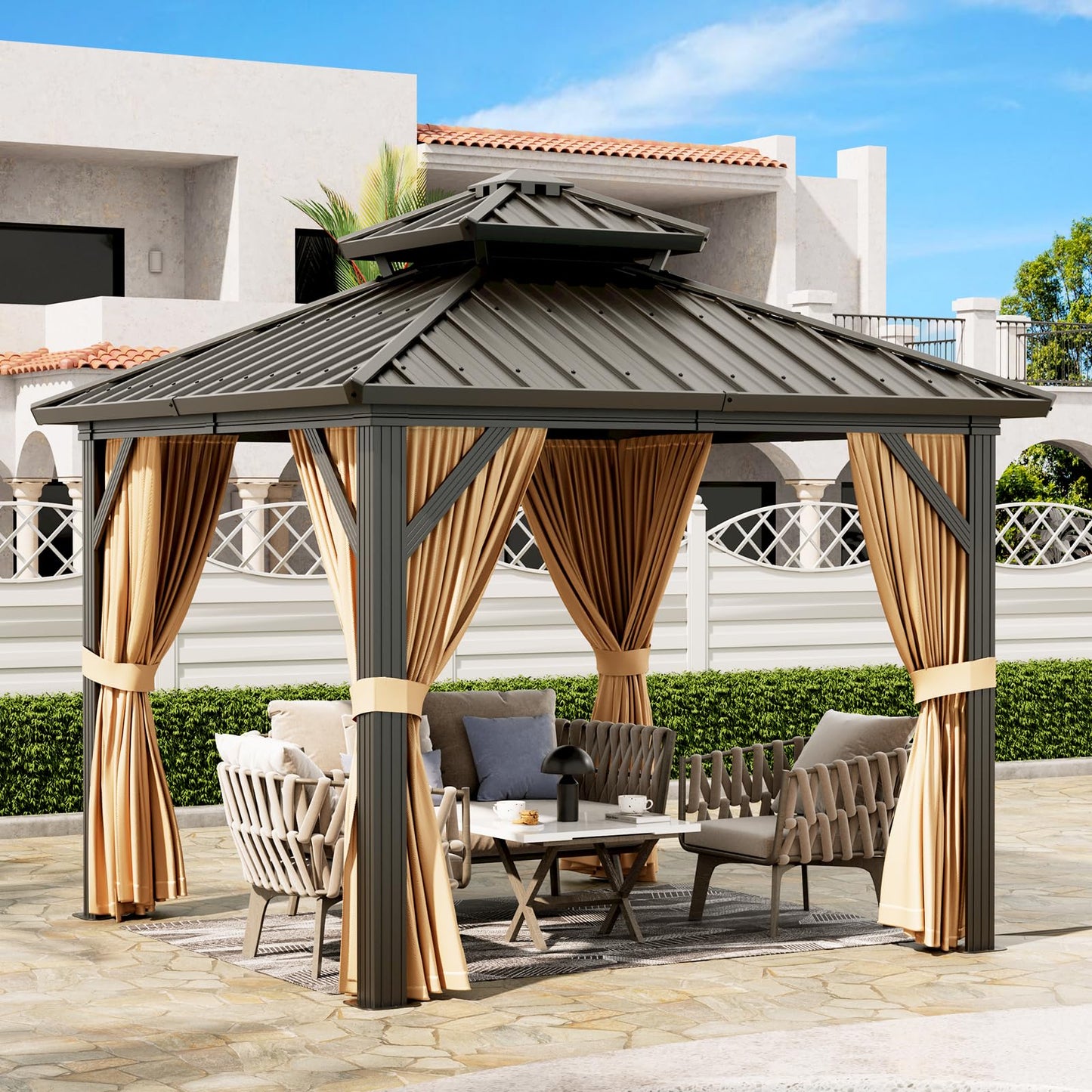 GAOMON Hardtop 10x12ft Gazebo, Double Roof Canopy with Netting and Curtains, Wood Grain Outdoor Gazebo Galvanized Iron Aluminum Frame Garden Tent for Patio, Backyard, Deck, Lawns