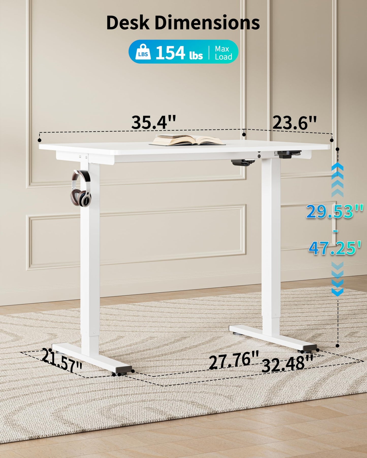 BIZUM 35.4" Small Electric Standing Desk Height Adjustable, Whole Piece Stand Up Computer Desk Work Study Writing Gaming Desks for Home Office White
