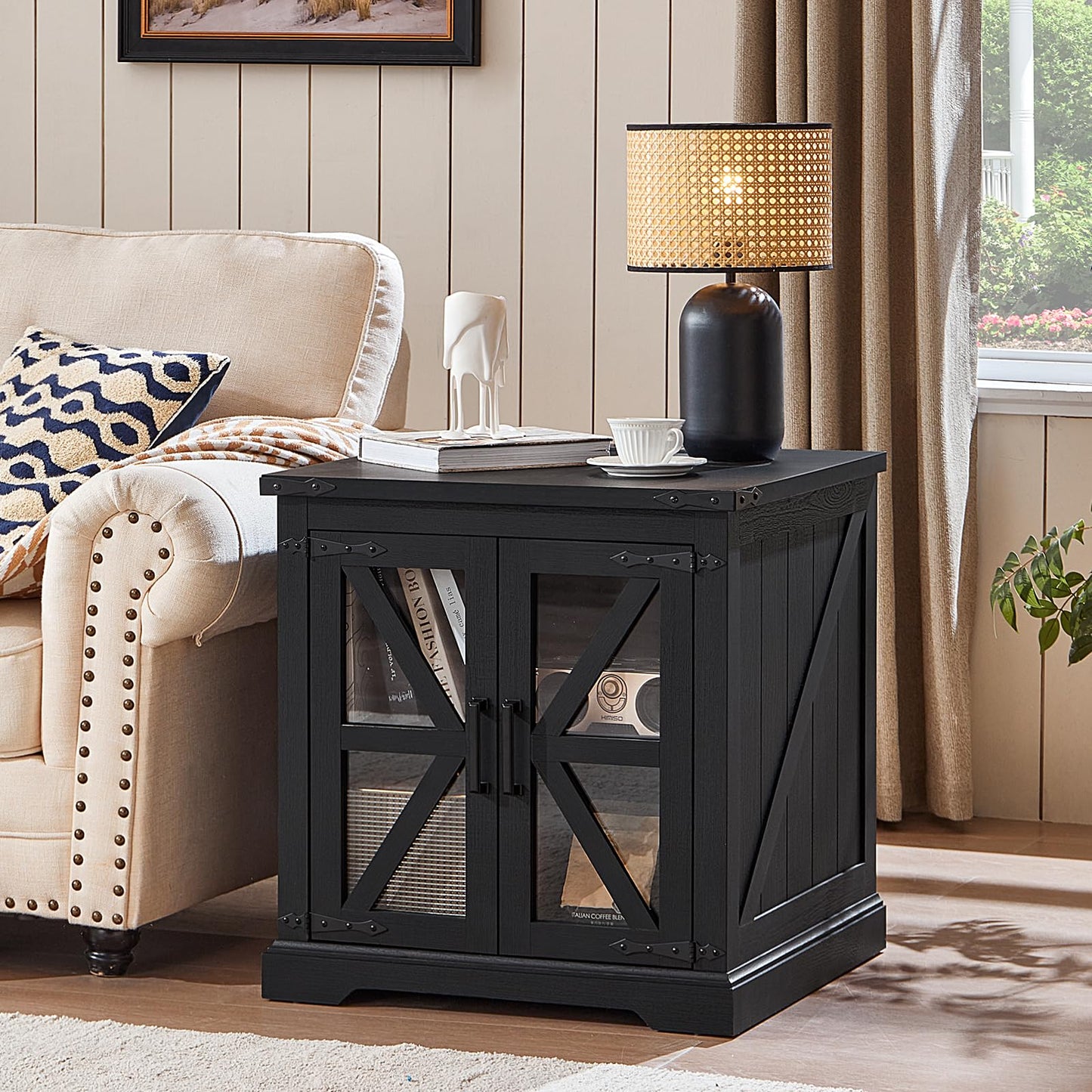Joaxswe 24" End Table Set of 2 with Charging Station, Farmhouse Night Stand with Glass Barn Door, Nightstands with Adjustable Storage Shelf, Large Wood Square Bed Side Table for Living Room,Bedroom