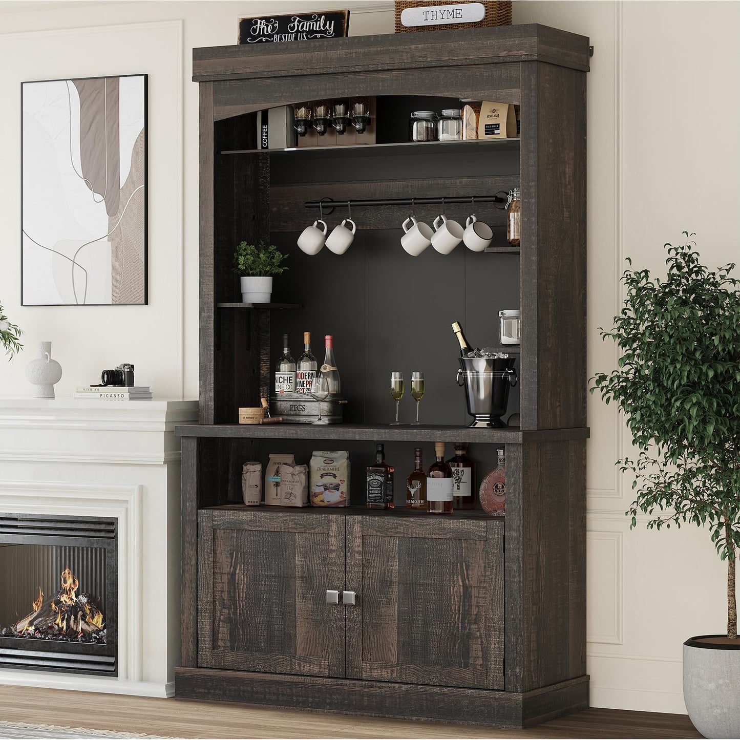 GarveeHome Coffee Bar Cabinet with LED Lights,72 '' Tall Buffet Cabinet with Storage,Farmhouse Kitchen Sideboard Tall Coffee Hutch with Microwave Stand/Wine Rack/Glass Shelf Dining Room(Oak)