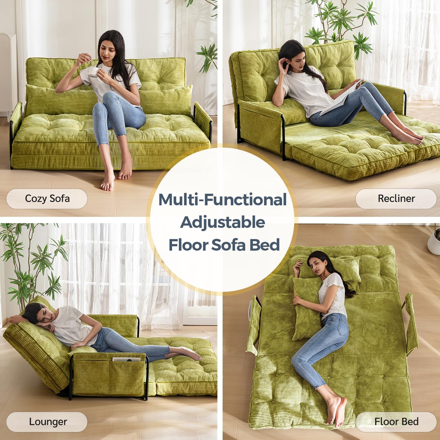 MAXYOYO Adjustable Floor Sofa Couch with 2 Pillows, Multi-Functional Bean Bag Bed, 5-Position Foldable Lazy Sofa Bed with Armrest, Versatile Floor Seating for Reading, Green, Double