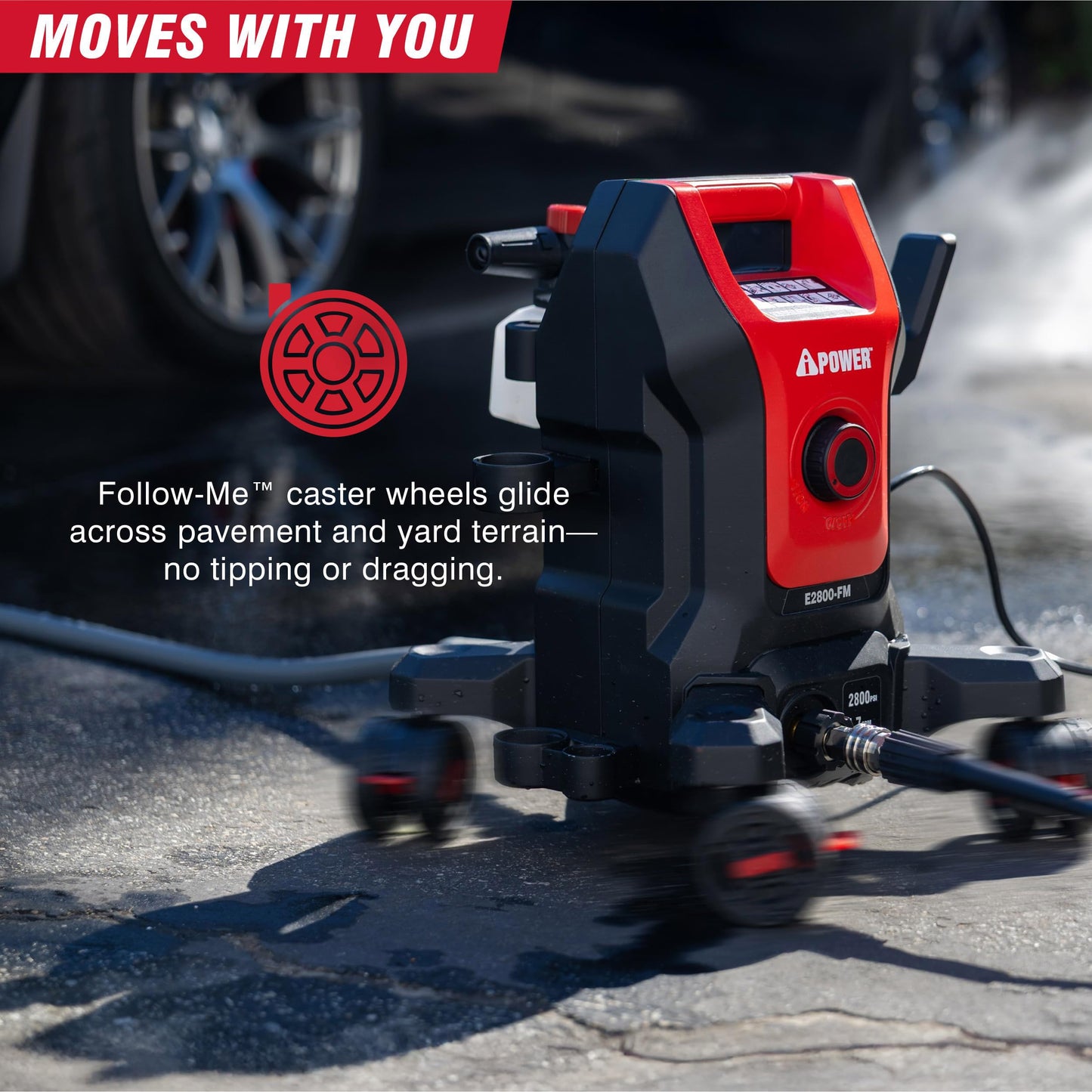 A-iPower Follow Me Electric Pressure Washer 2800 Max PSI 1.7 GPM Anti-Tipping Design with 5 Nozzles, Soap Dispense for Fences, Driveways, Patios, Cars, Home Cleaning, E2800-FM, Red