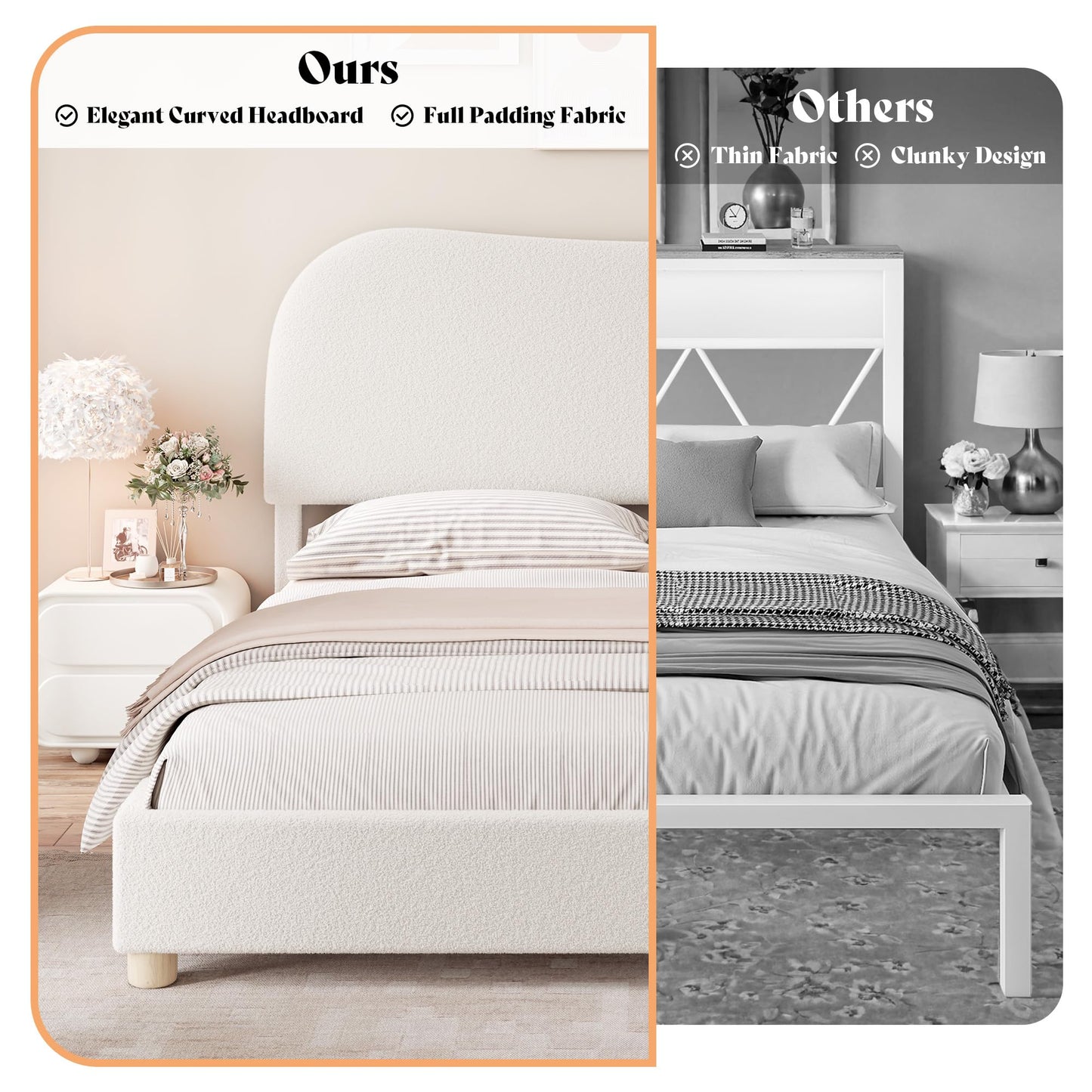 AMERLIFE King Size Upholstered Boucle Bed Frame, Soft Cloud Platform Bed with Adjustable Headboard, Modern Design, Rounded Corners, Rubberwood Legs, No Box Spring Needed, Easy Assembly, Cream