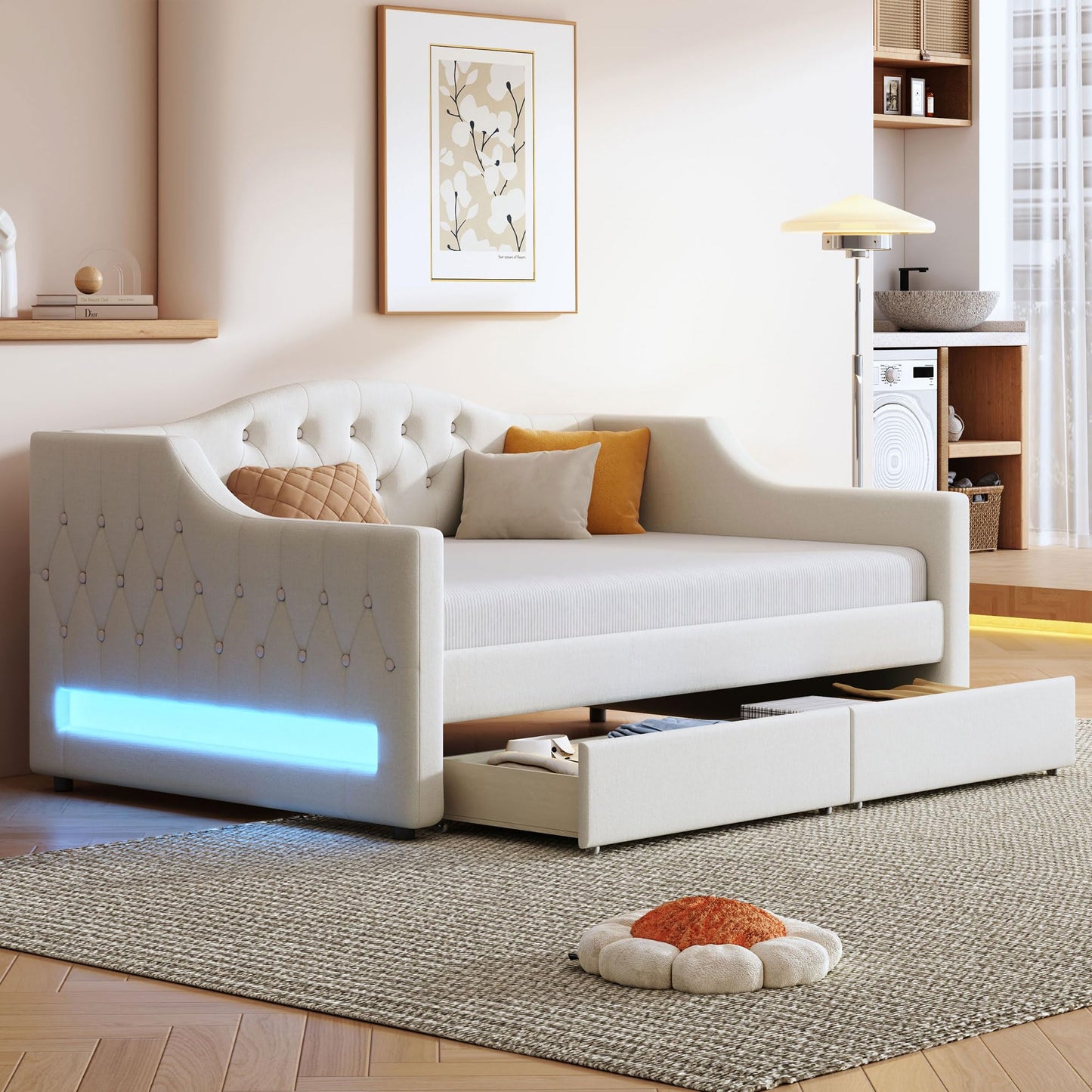 Merax Modern Upholstered Platform Bed Frame with Storage Drawers, Linen Sofa Day Bed, No Box Spring Needed/Easy Assemble/Twin XL, Beige