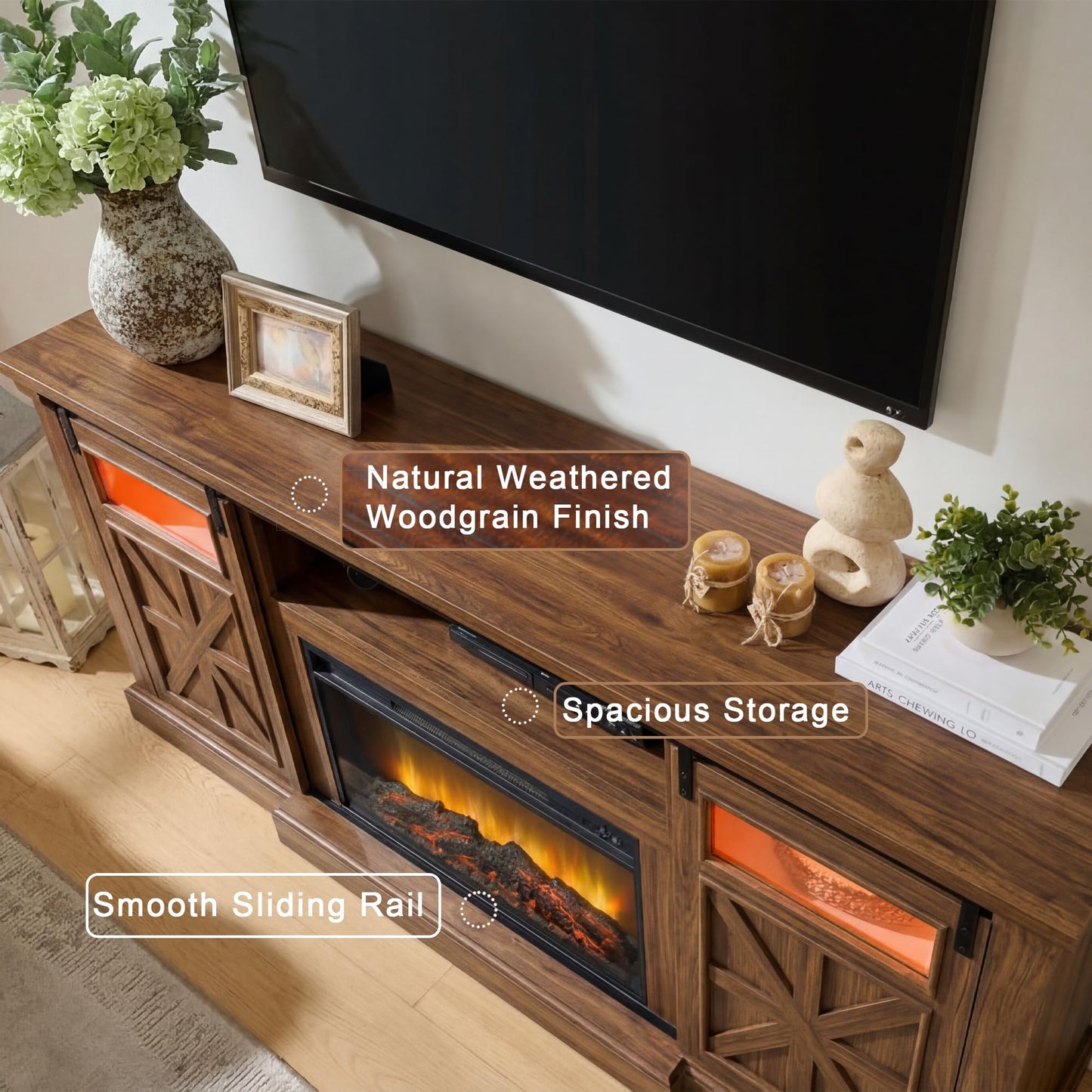 Unineo Fireplace TV Stand for up to 80 Inch TVs, 32’’ Tall LED Entertainment Center with Electric Fireplace, Farmhouse TV Console Table w/Sliding Barn Door & Window for Living Room, Brown