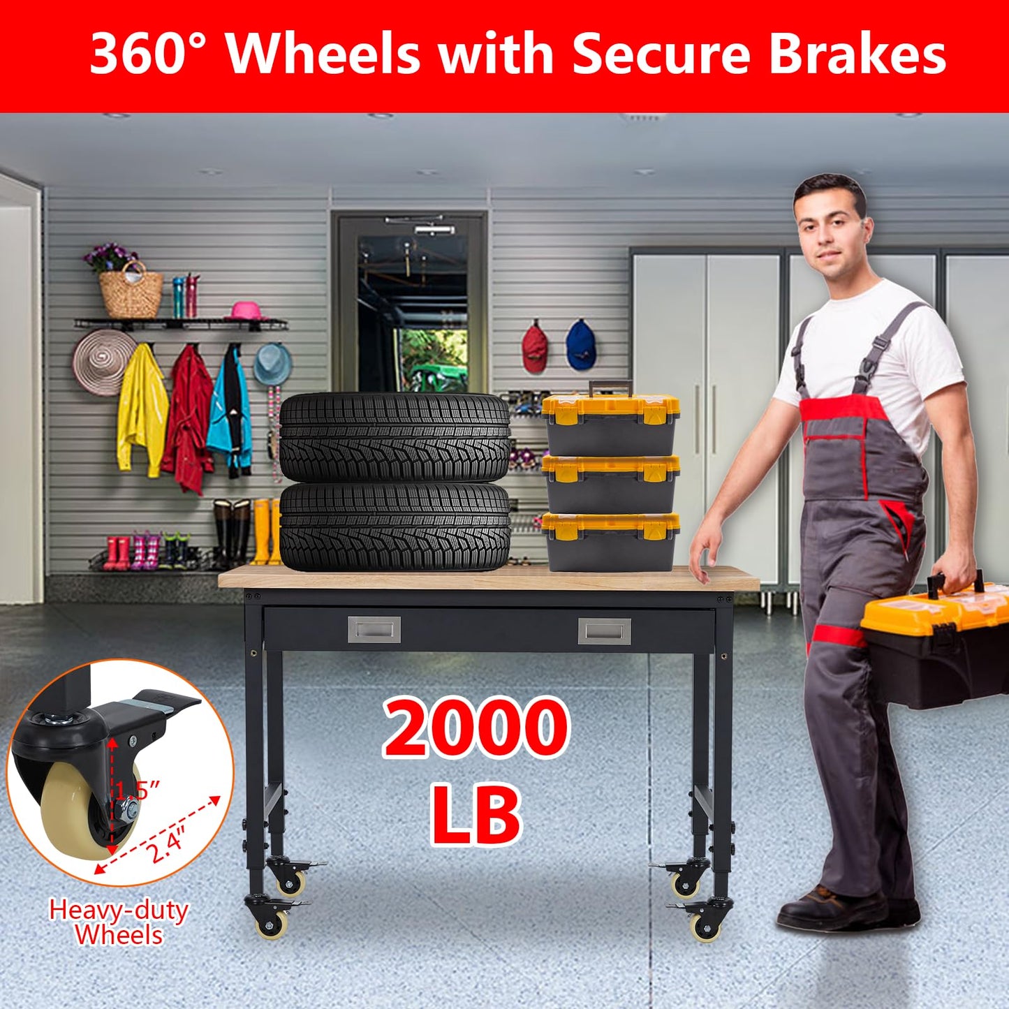 ACONEE 48" Adjustable Workbench for Garage, Heavy Duty Worktable with Drawer, 2000 LBs Load Capacity, Rubber Wood Workshop Bench with Power Outlet & 4 Lockable Wheels, 48x24x1.5 in Thick Rubber Top