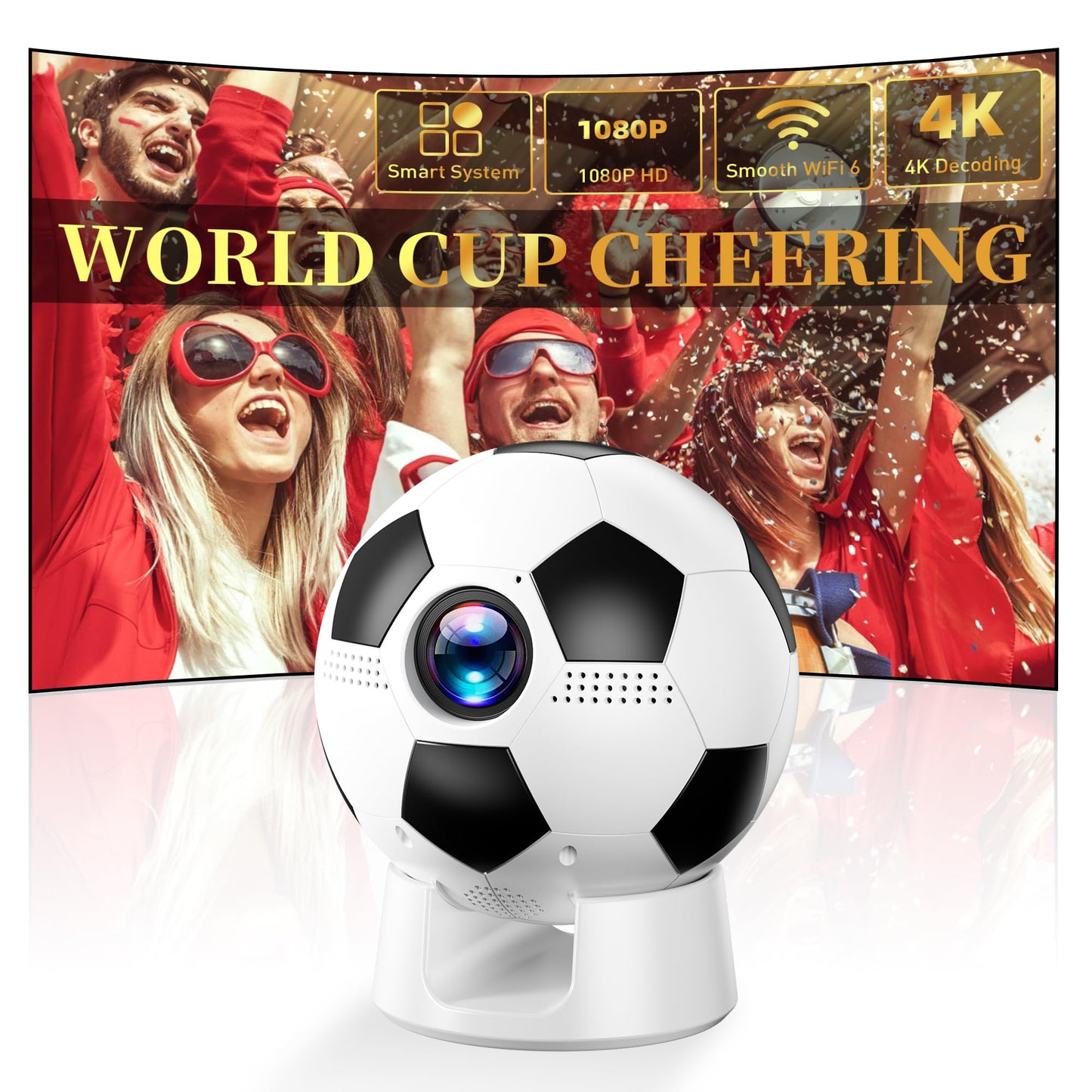 Soccer Fan's Ultimate Native 1080P Projector with Built-in Apps, Bluetooth Projector with Dual Bond Wi-Fi 6, 180° Rotatable Integrated stand, Gift for Big Soccer Match Supporters