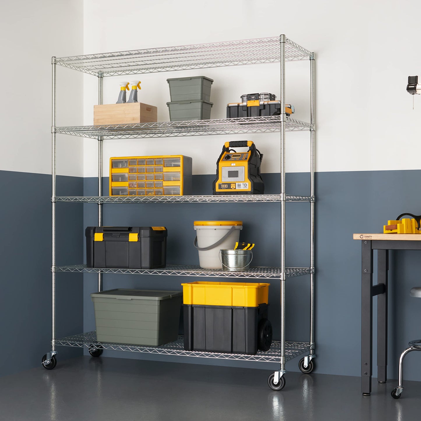 Trinity Basics TBFC-0931 5-Tier Adjustable Wire Shelving with Wheels for Kitchen Organization, Garage Storage, Laundry Room, NSF Certified, 600 to 2250 Pound Capacity, 60” by 24” by 77”, Chrome