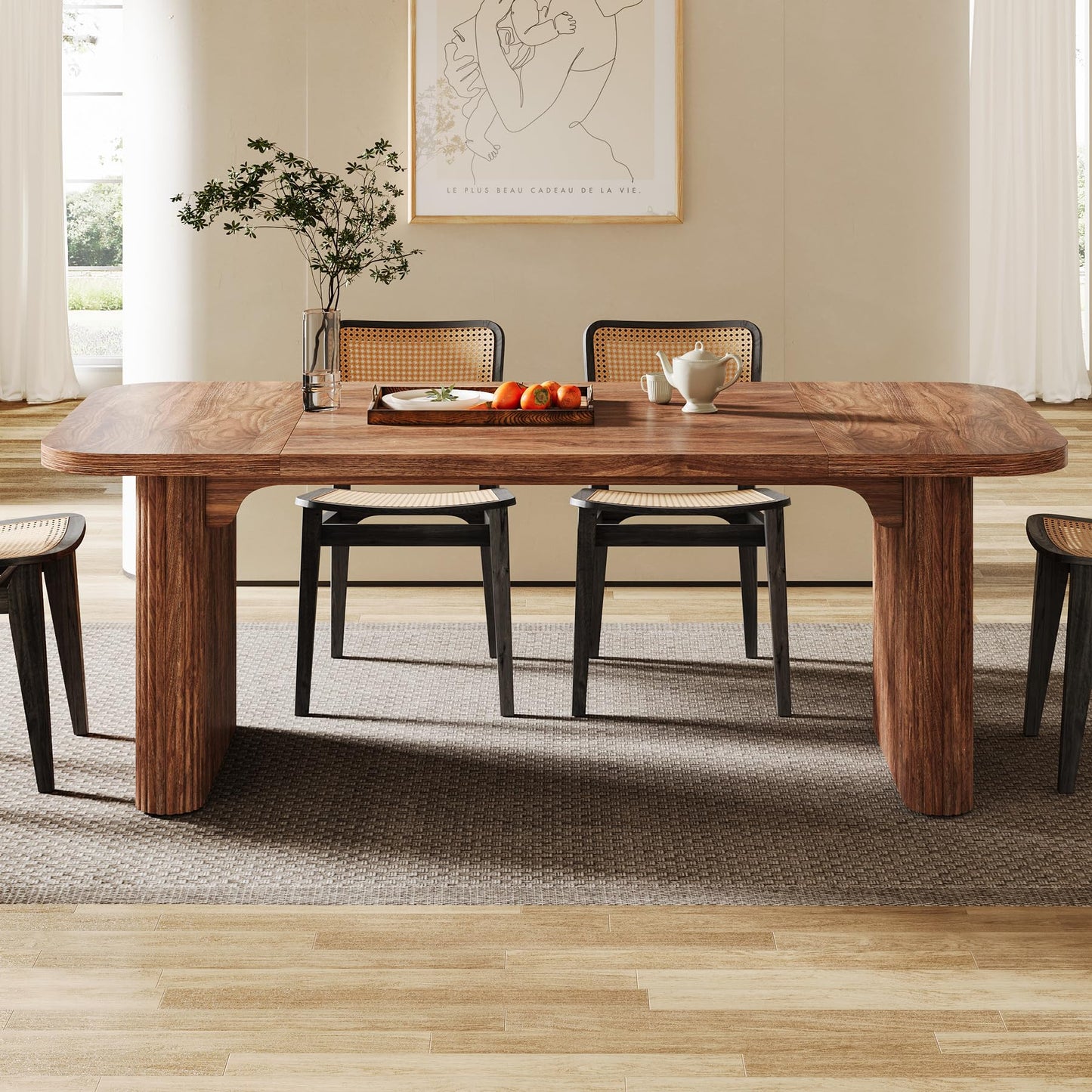 Tribesigns Modern Dining Table for 6 People, 62-Inch Dark Brown Kitchen Table with Double Robust Pedestal, Long Rectangle Wood Dinner Table for Dining Room