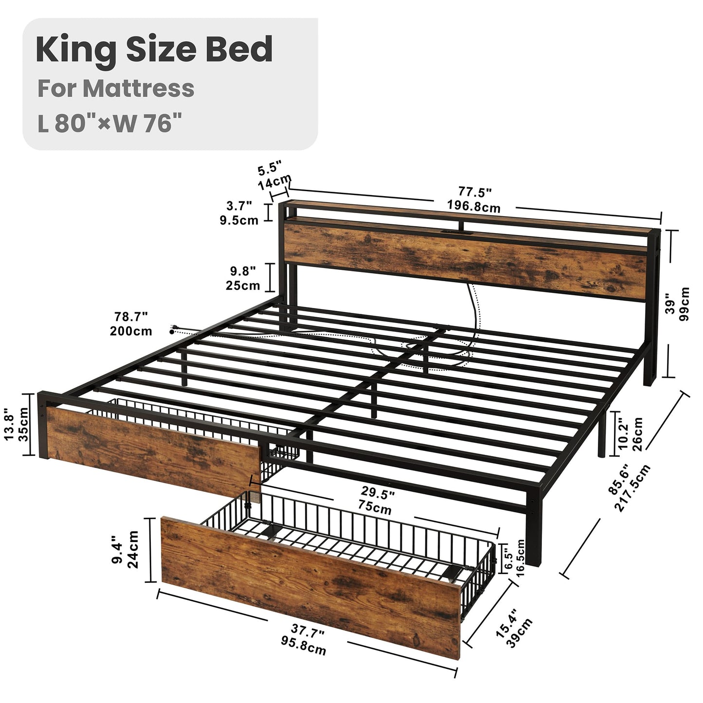 LIKIMIO King Size Bed Frame with Storage Headboard, Platform King Bed with 2 Drawers and Charging Station, Heavy-Duty Metal Slats, No Box Spring Needed, Easy Assembly, Retro Brown