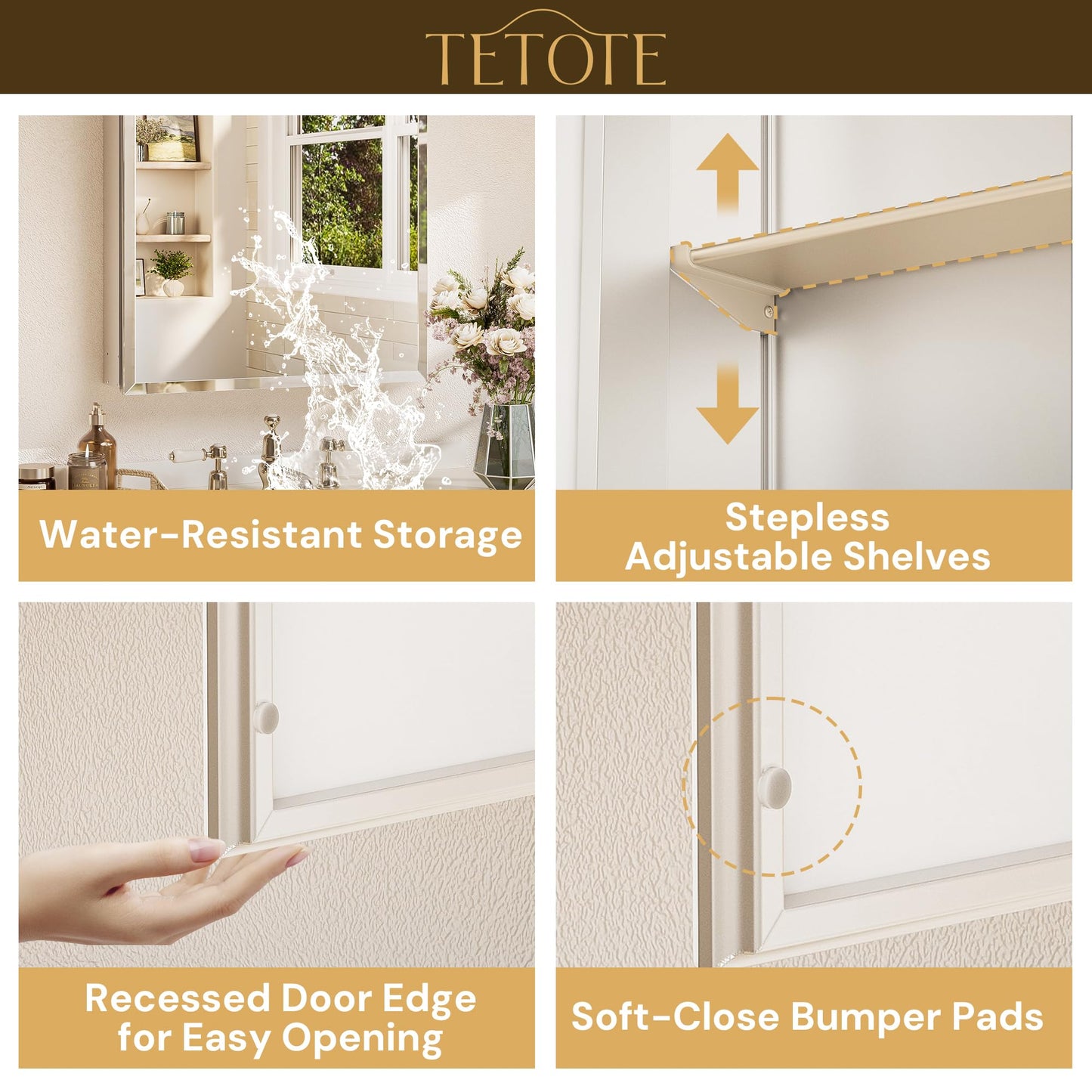 TETOTE 30 x 26 Bathroom Mirror with Storage with Tempered Beveled Mirror Silver Medicine Cabinet Aluminum Cabinet DTC Hinges, Stepless Adjustable Shelves, Recessed/Surface-Mounted