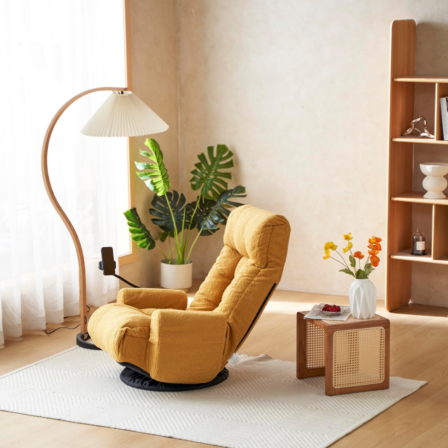 Noble House Home Furnishings Gwen Upholstered 360° Swivel Chair, Lounge Chair with Adjustable Backrest/Headrest, Metal Frame Living Room Lounge Sofa and Phone Holder, Comfy Bean Bag Chair, Yellow