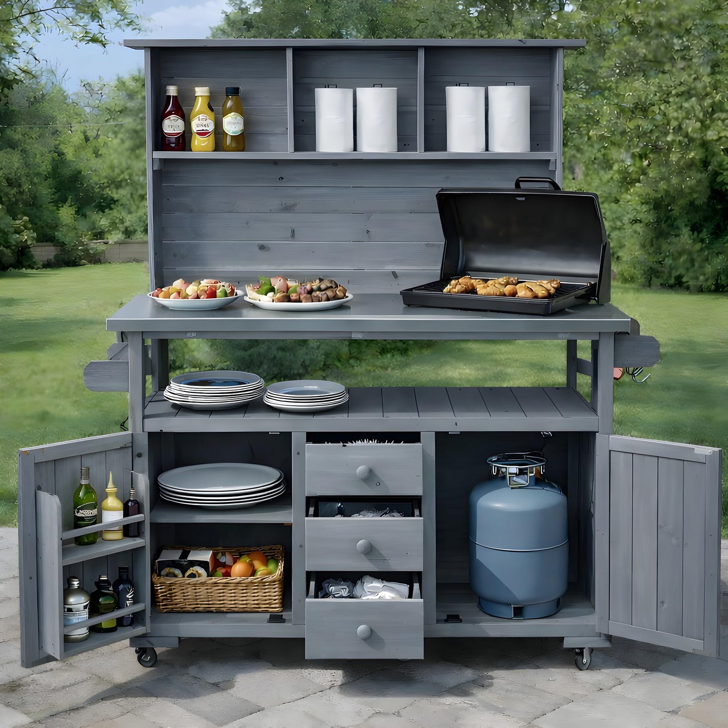 GDFStudio Preden Outdoor Storage Bench Table with Cabinet, Patio Wooden Potting Bench, Garden Storage Work Bench with Stainless Steel Top, Drawers, Cabinets, Shelves and Hooks, Kitchen Island, Gray