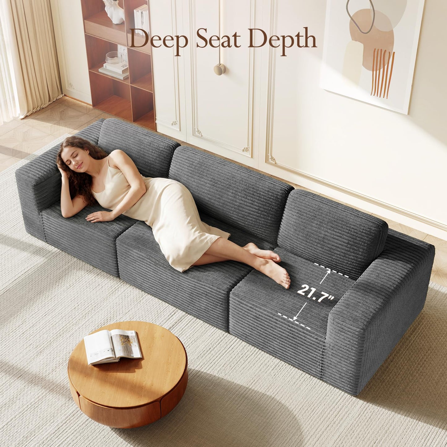 119" Modular Sofa Set, Corduroy Cloud Sectional Couch with Extra Deep Seating & Reinforced Spring System, Compact 3-Seater Boneless Sofa for Living Room & Apartment Spaces, Tool-Free Setup, Grey