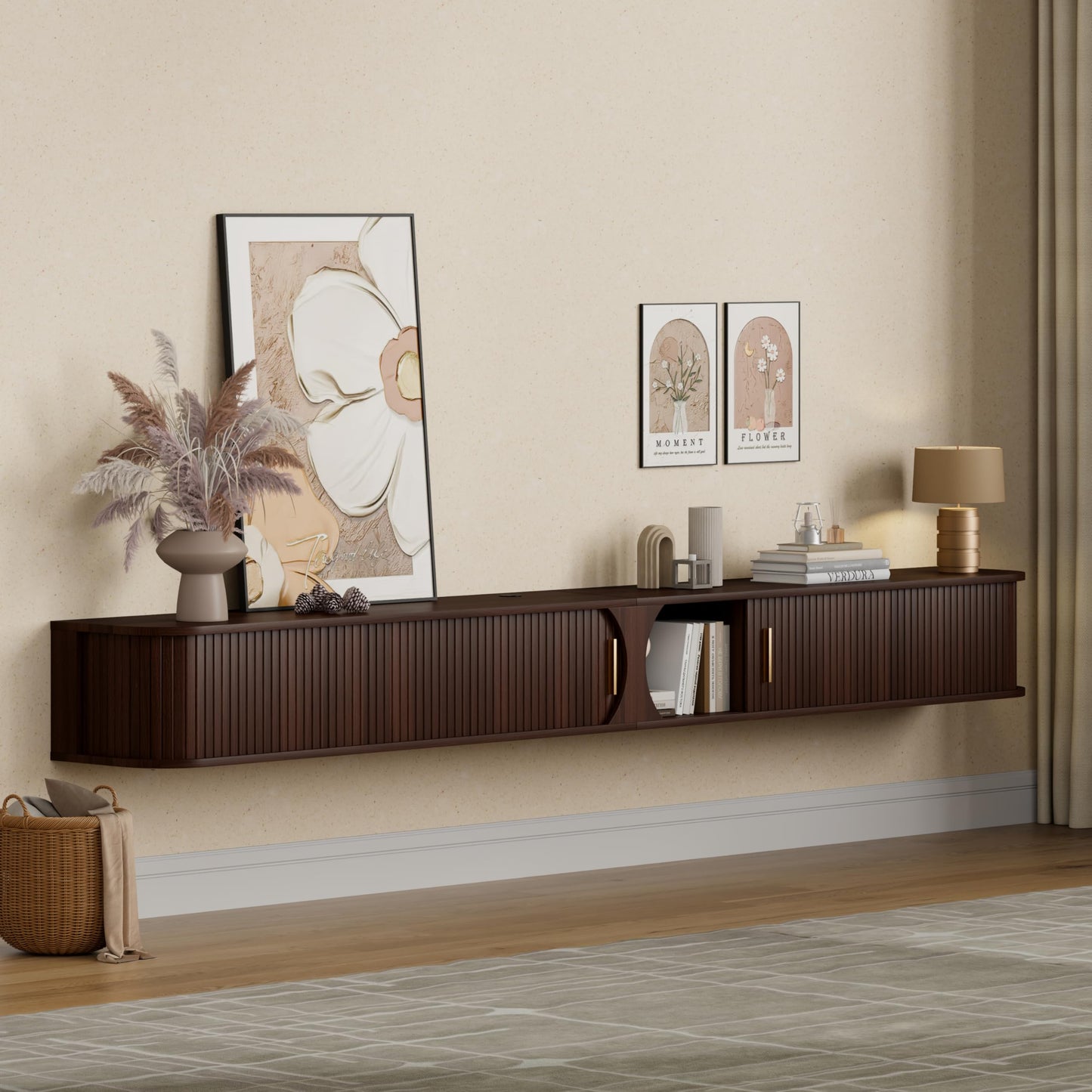 DHH 94.8" Floating TV Stand with Power Outlet for TVs up to 100", Mid Century Modern TV Console with RGB LED Lights, Fluted Entertainment Center with Sliding Door for Living Room, Bedroom (Walnut)
