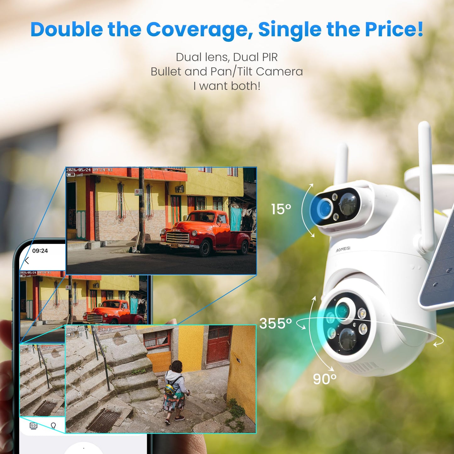 Eseecloud 4-Cam Kit, Dual Lens Solar Security Camera Wireless Outdoor System,10CH NVR with 500GB HDD, Color Night Vision, 5GHz Wi-Fi, Two Way Audio, Easy to Setup, Strobe Siren, 180 Days Care Plan