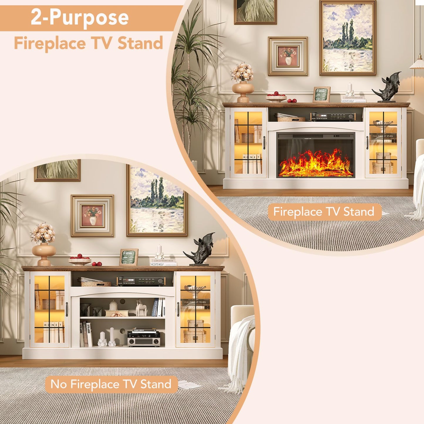 OneBlis 2-in-1 Multifunctional Fireplace TV Stand with 30" Removable Electric Fireplace, 70" Farmhouse Entertainment Center, Media Console Table with Large Storage Cabinets, for Living Room, White