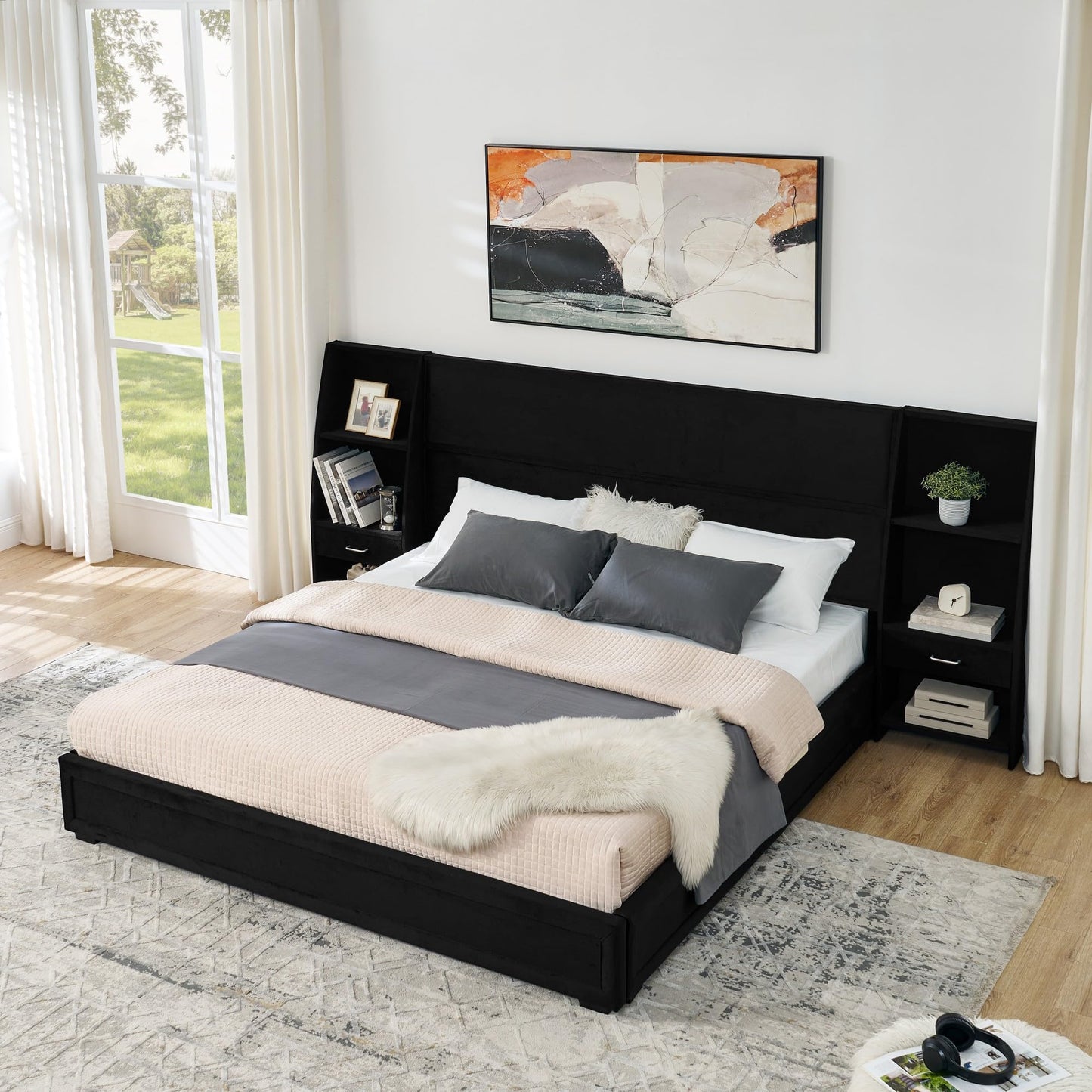 KEIKI King Size Velvet Platform Bed Frame with 2 Built-in Storage Nightstands & Shelves, Oversized Headboard Upholstered Bedroom Bed Set, Wood Floor Grounded Bed, Modern, No Box Spring Needed, Black