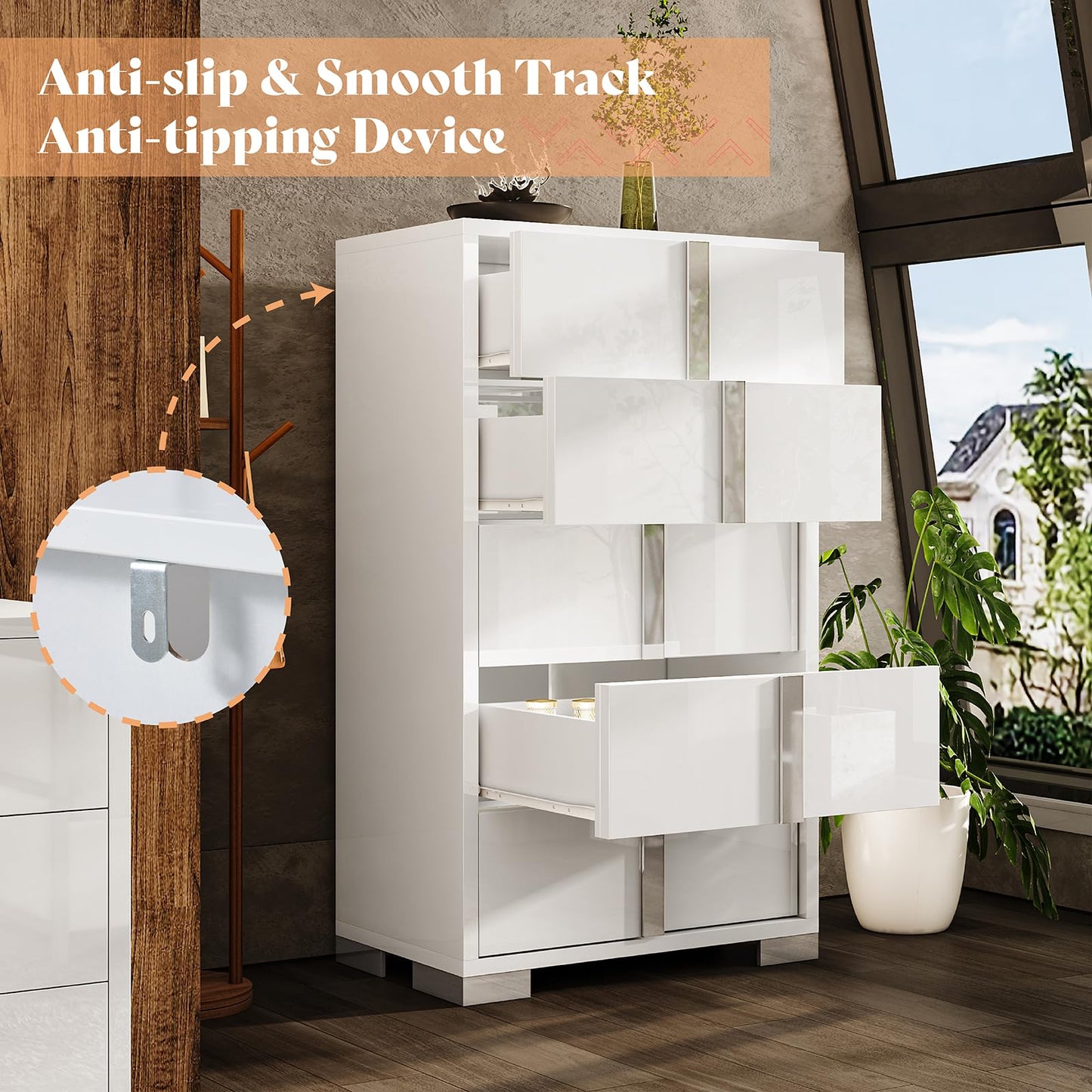 AMERLIFE 50.2" H Modern 5 Drawer Dresser, Glossy Surface Chest of Drawers, Large Storage Organizer for Bedroom, Living Room, Cloakroom, Luxury, White