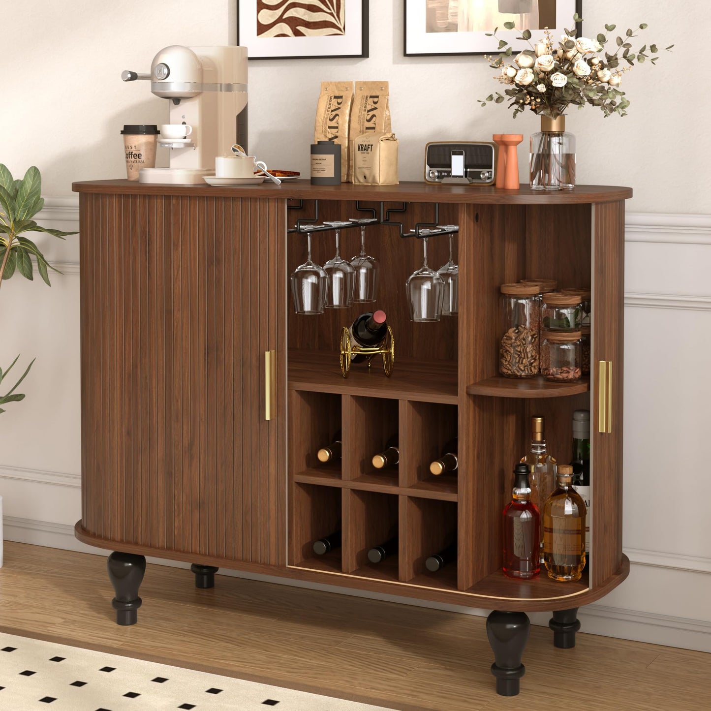 Merax Coffee & Liquor Bar Cabinet 39" with Wine Racks Glass Holders Large Drawer Hidden Side Storage Mid-Century Modern Farmhouse Sideboard, Walnut