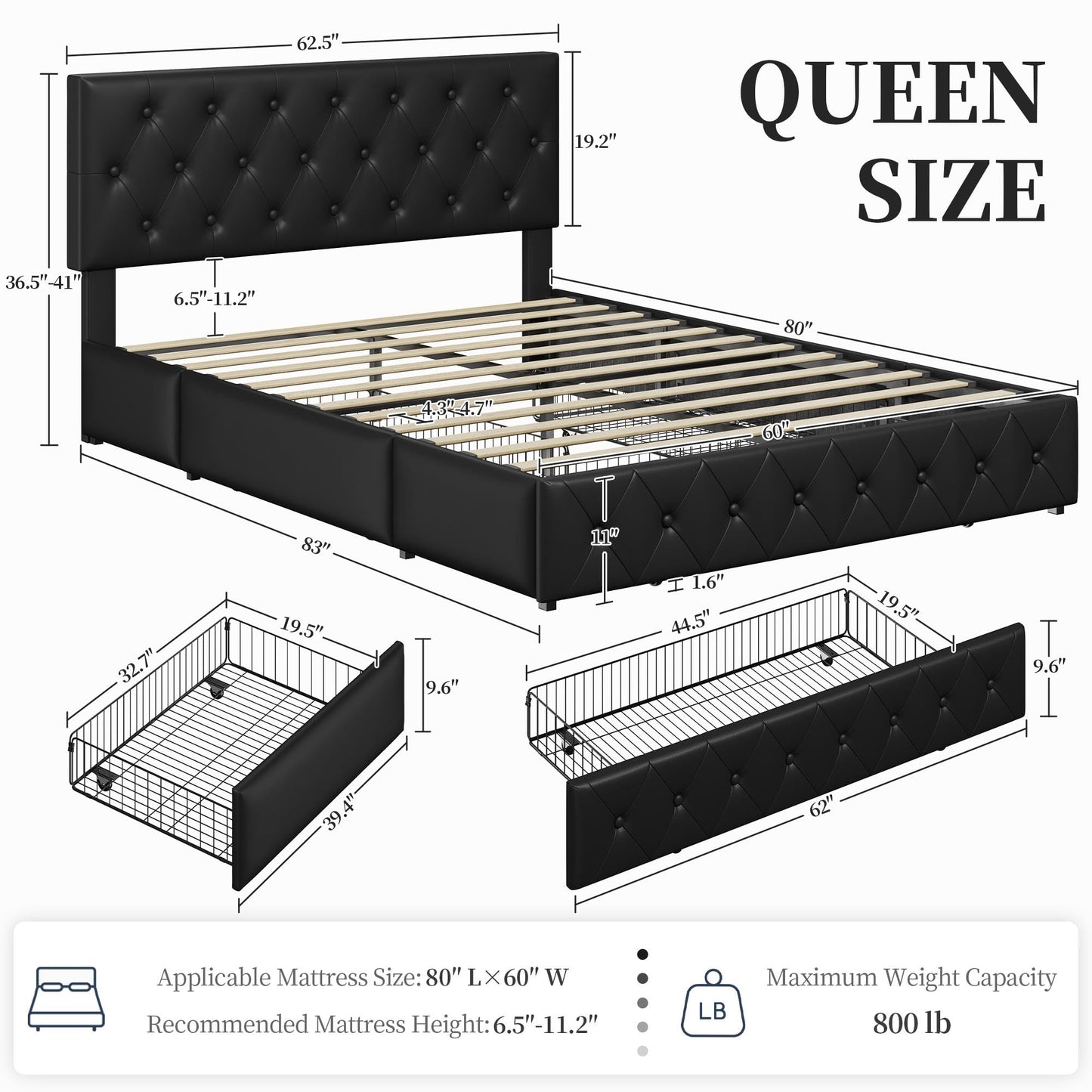 Yaheetech Queen Bed Frame Upholstered Bed Frame with Adjustable Diamond Button-Tufted Headboard/3 Drawers Storage, Queen Platform Bed/Strong Wooden Slats, Black Queen Bed