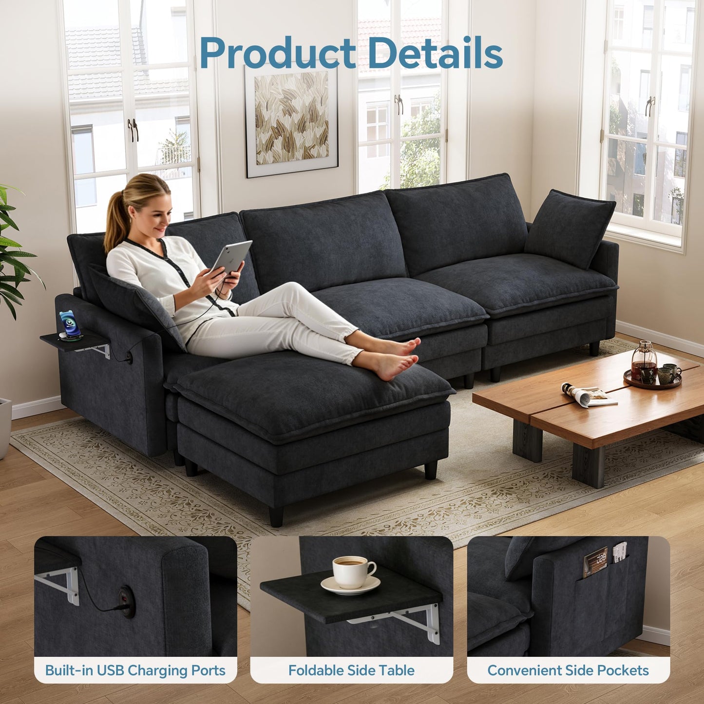 FAVSH 102'' L-Shaped Modular Sectional Sofa, 3-Seater Cloud Couch with Movable Ottoman, Deep Seat Chenille Upholstery, USB & Type-C Charging, Foldable Side Table for Living Room Apartment, Dark Gray
