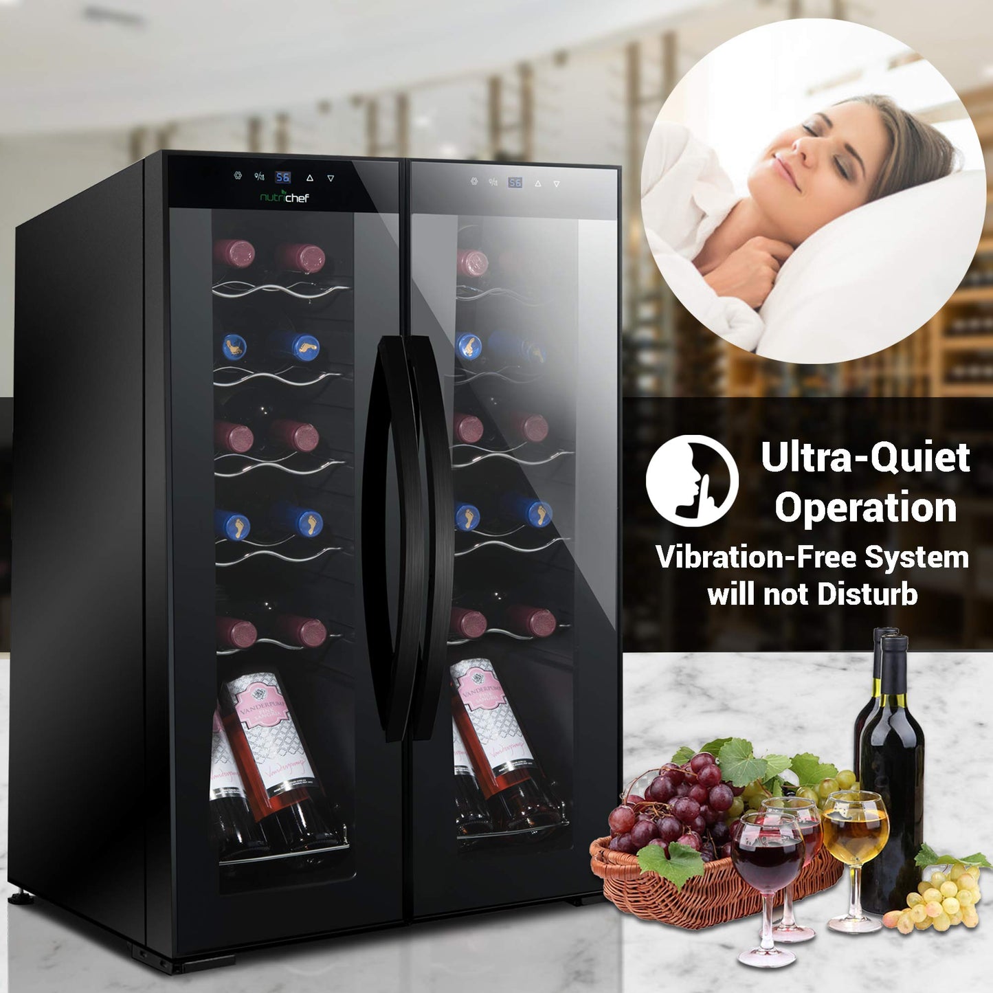 Nutrichef 24 Bottle Wine Fridge | Dual Zone Wine Chiller | Adjustable Temperature 41°F to 64°F | Ultra Quiet Operation | Wine Cooler For Home & Office | Free Standing 31x19x20 IN | Black