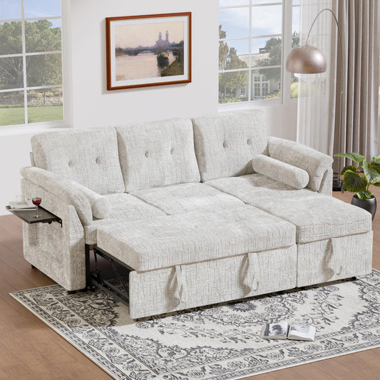Trygoal Convertible Sleeper Sofa Bed, 63 Inch Chenille Pull Out Couch with Side Table & Adjustable Backrest, Sectional Sleeper Sofa with Pull Out Bed for Living Room, Apartment, Beige
