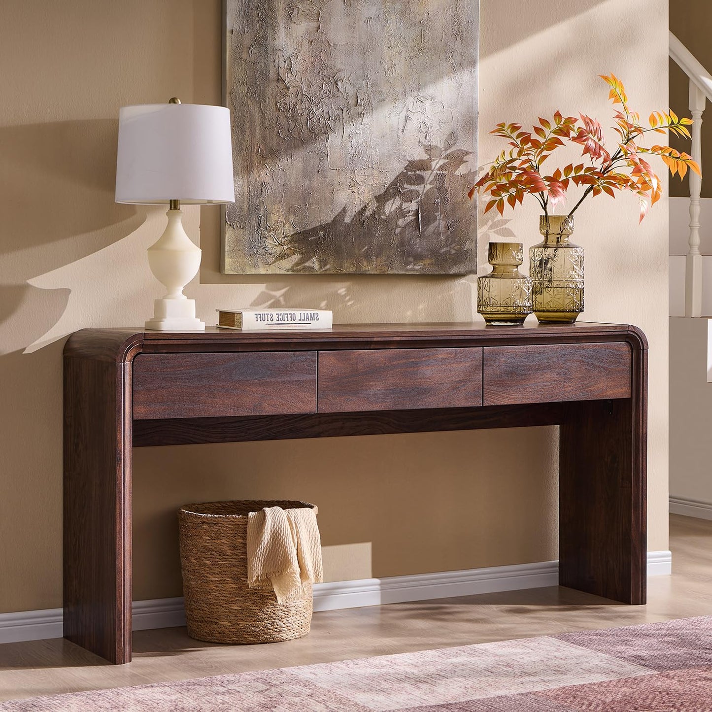 Aitjunz 63'' Console Table with 3 Drawers, Modern Entryway Table with Curved Profile Design, Narrow Long Wood Sofa Table Behind Couch Table for Living Room, Hallway, Foyer, Brown