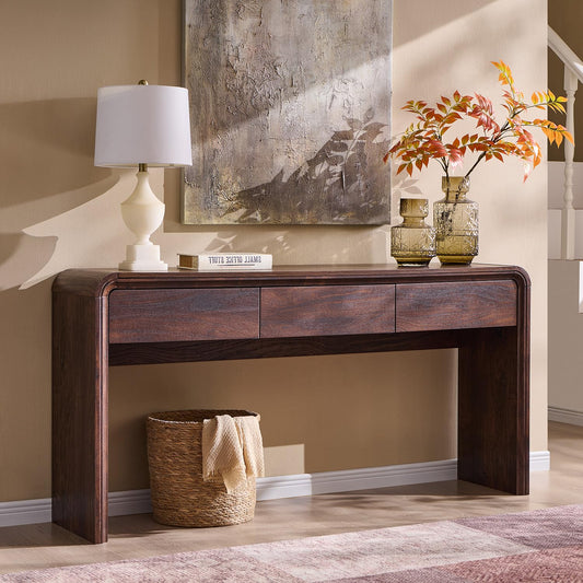 Aitjunz 63'' Console Table with 3 Drawers, Modern Entryway Table with Curved Profile Design, Narrow Long Wood Sofa Table Behind Couch Table for Living Room, Hallway, Foyer, Brown