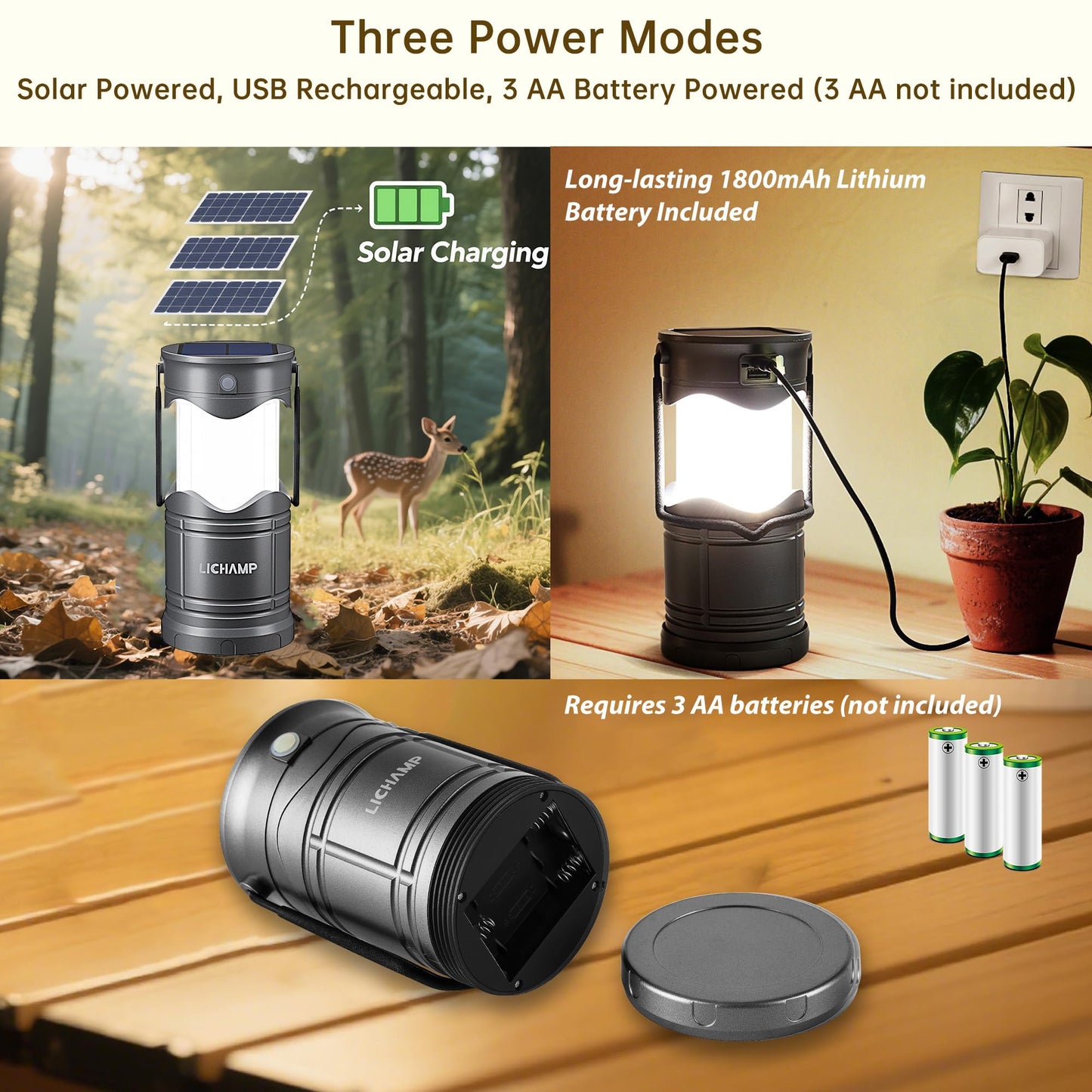 Lichamp Solar Camping Lantern, USB Rechargeable LED, 3 Modes, Dark Gray, Model CLS-K001GH