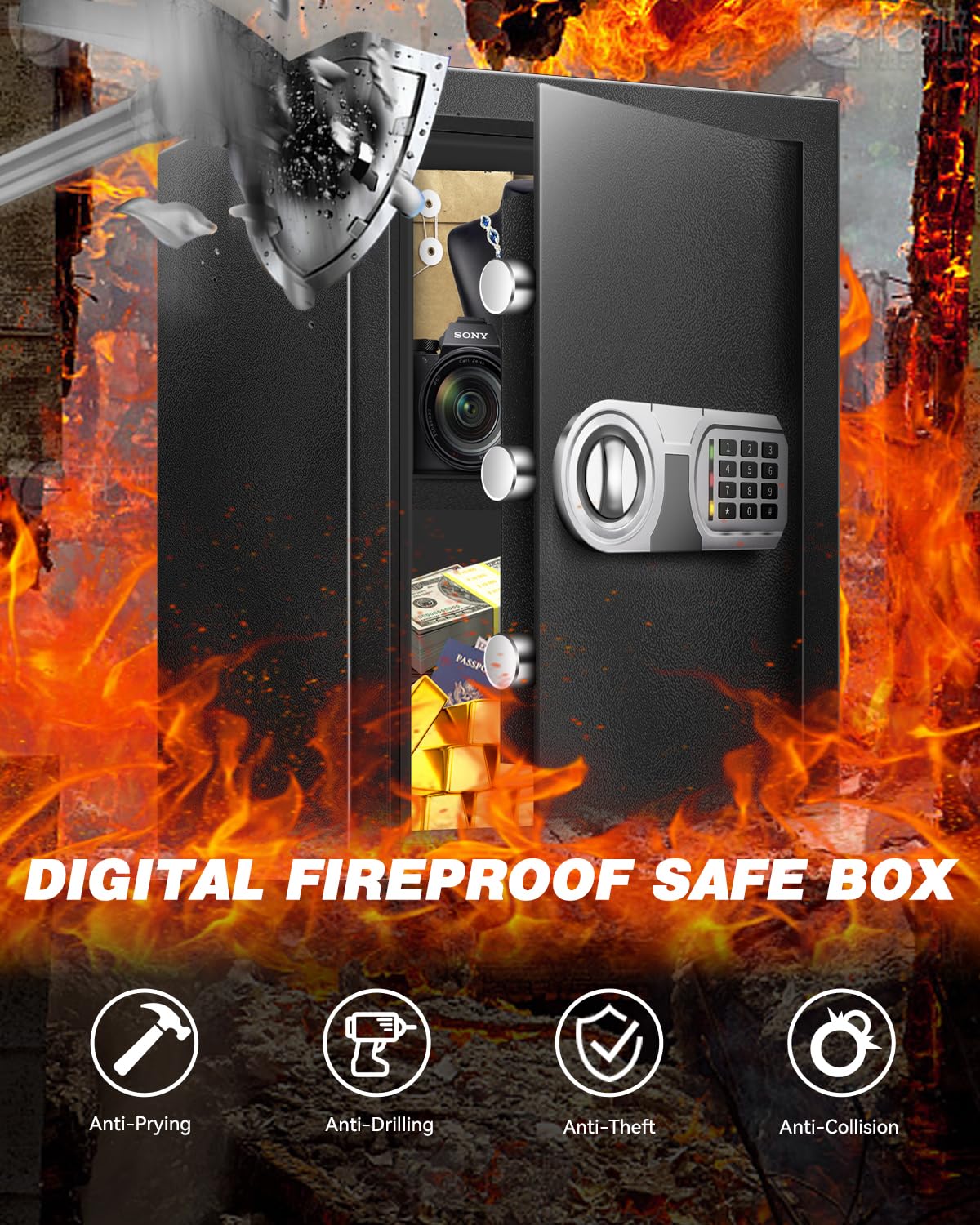 VaultHex Secure Home Safe with Alarm, USB-C Power & Quiet Access - 2.0 CuFt Mid-Size Cabinet Safe for Bedroom or Office, Motion Light, Keypad & Shelf
