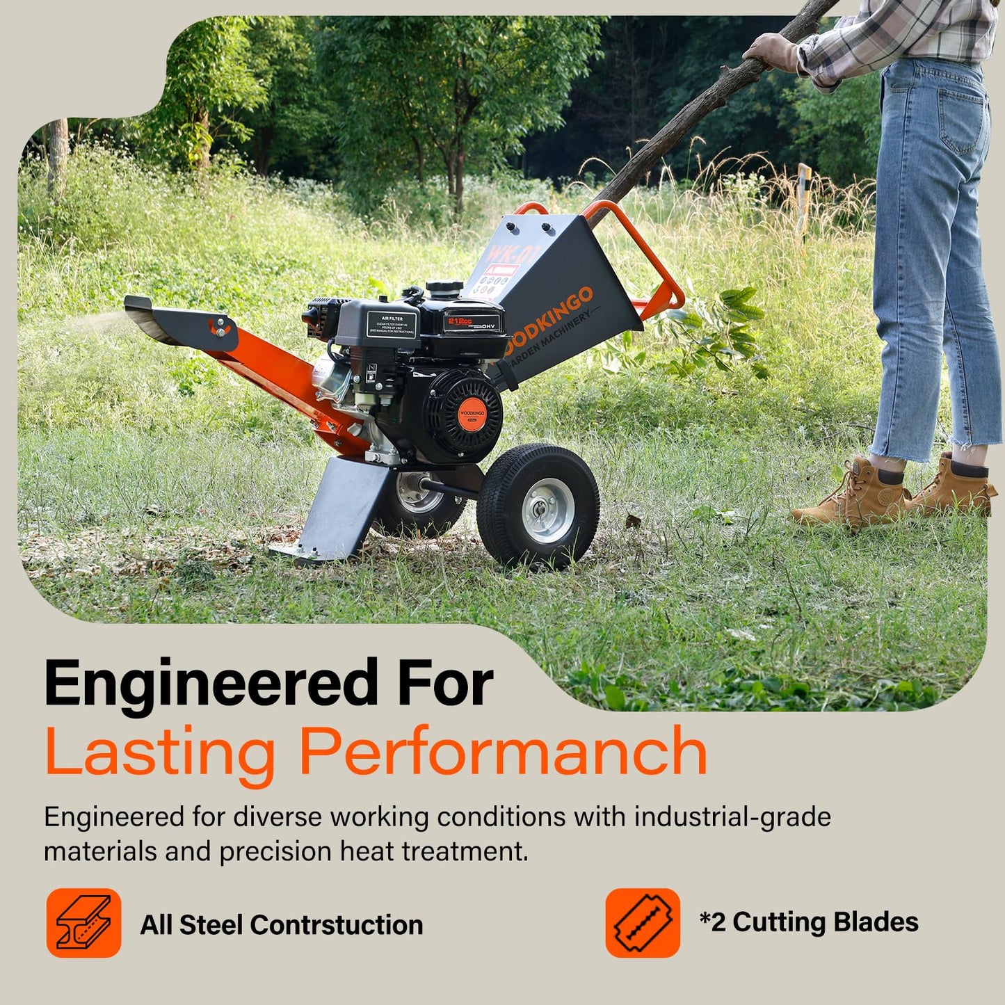 WOODKINGO Wood Chipper Shredder Mulcher Heavy Duty 7 HP Gas Powered Compact Rotor Assembly 3 Inch Max Capacity 212cc Gas Powered Engine 4-Stroke Fast Chipping Chopping for Forestry, Gardens (WK-01)