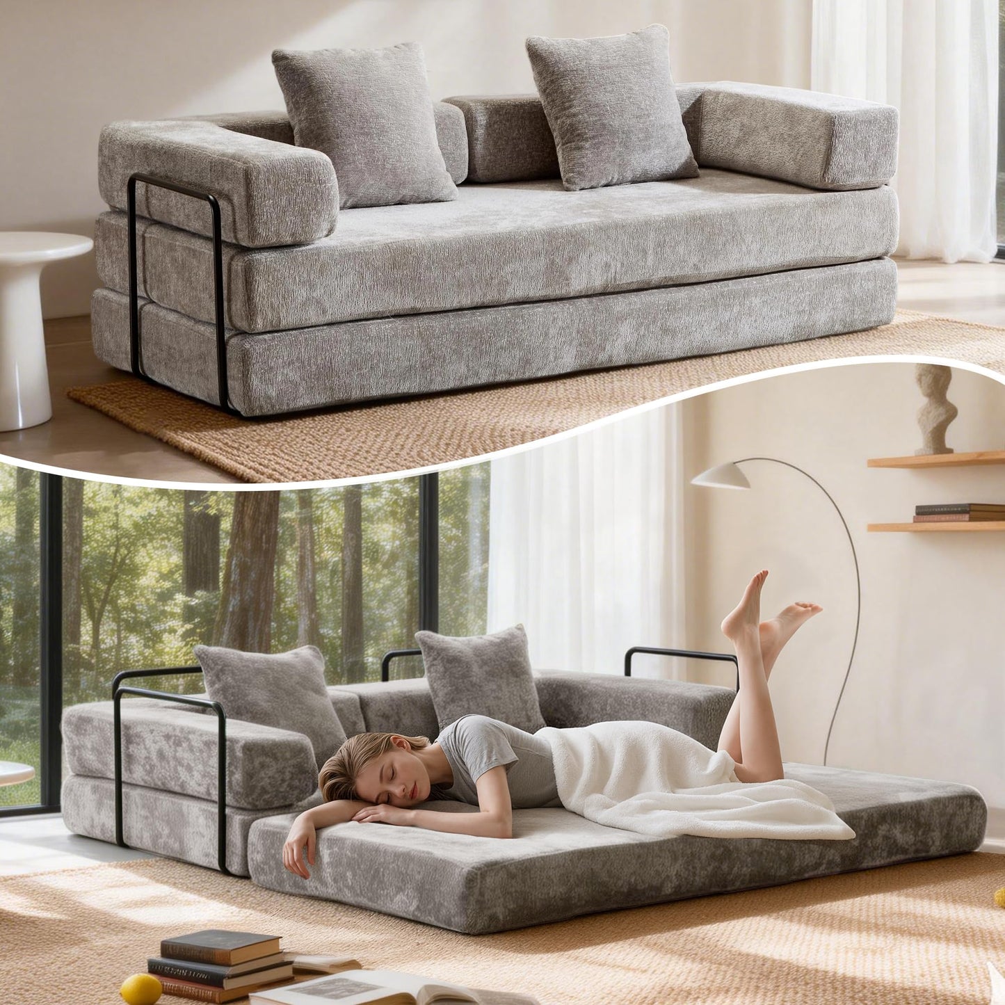 Trygoal 78”Convertible Sofa Bed, 4-in-1 Futon Boneless Couch with Armrest & Pillows, Compressed Chenille Folding Sleeper Bed for Living Room, Guest Room and Dorm, Light Grey