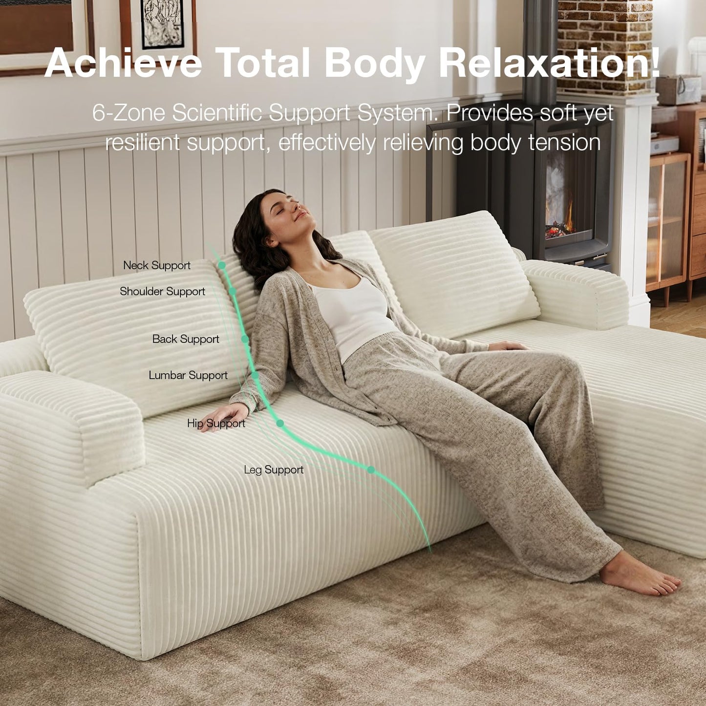 Novilla L-Shape Sectional Couches for Living Room with Smarts Coil® Support, 3 Seater Sectional Sofas for Living Room Bedroom, Corduroy Cloud Couch Sectional, No Assembly(Beige, Right Hand Facing)