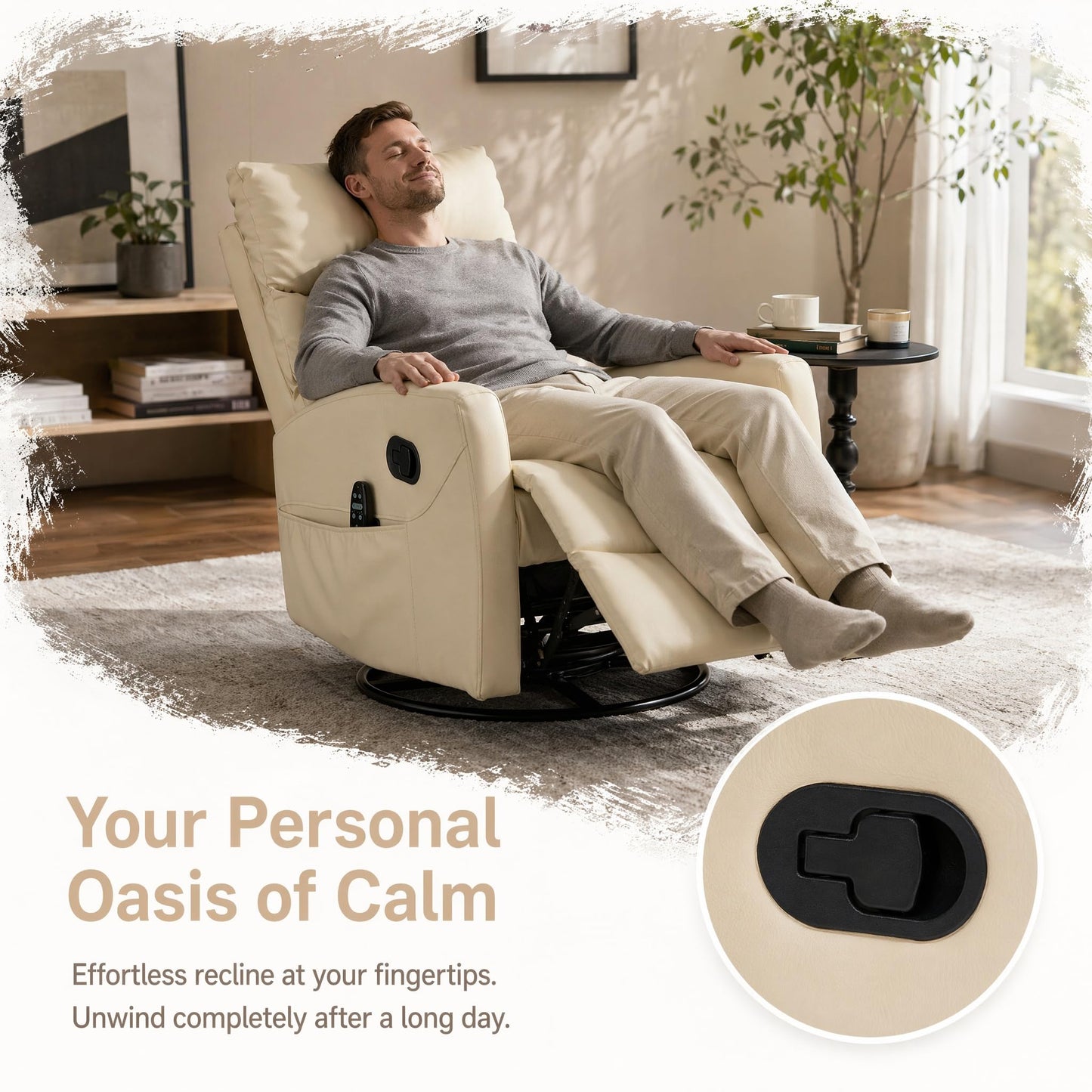KEIKI Heat Massage Manual Recliner Chair, 360 Swivel Rocker with Lumbar Heat, Upgraded Faux Leather Modern Style Padded Armrests, Home Theater Seating Manual 155 Degree Recline for Bedroom, White