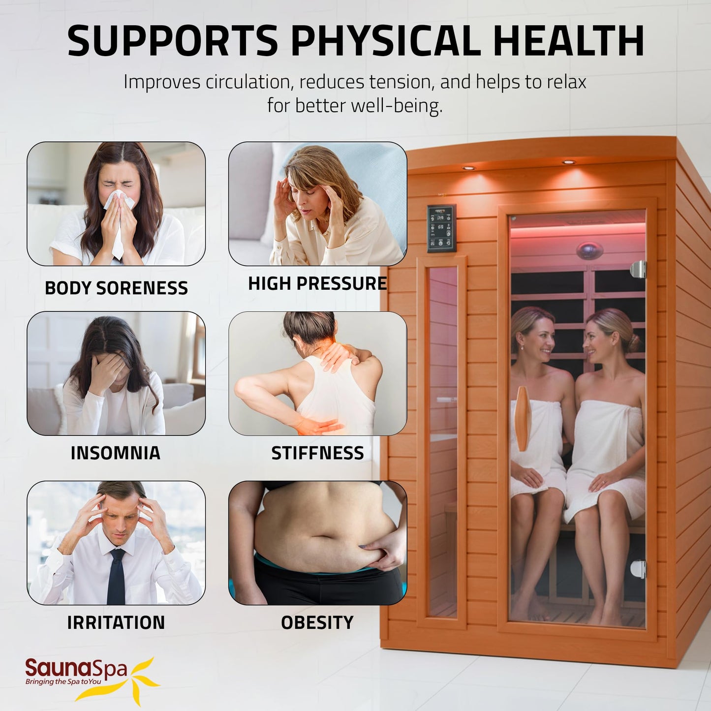 SaunaSpa Indoor 2-Person Infrared Sauna Room | Canadian Hemlock Wood Cabin Sauna with Low EMF Infrared Heating Panels, Bluetooth Audio, Tempered Glass Door, and Backrest with Chromotherapy Lighting