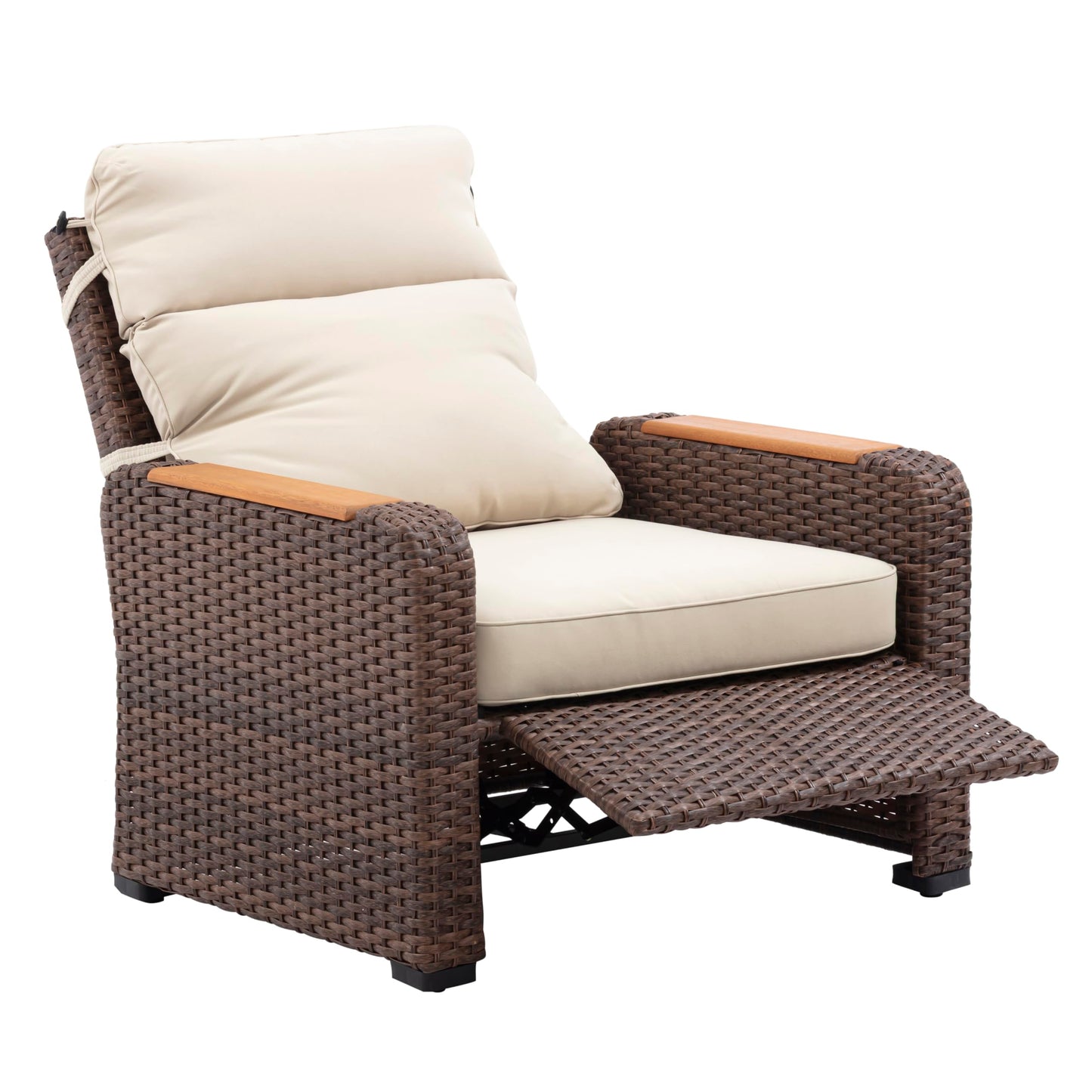 Teamson Home - Outdoor 3 Piece Wicker Recliner Set with Wood Armrests and Cushions, Brow