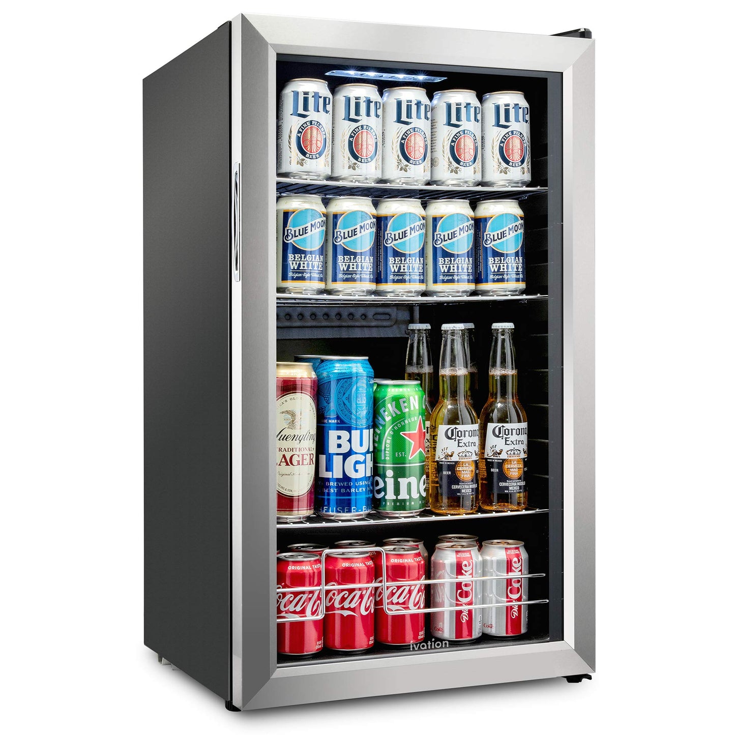 Ivation 126 Can Beverage Refrigerator | Freestanding Ultra Cool Mini Drink Fridge | Beer, Cocktails, Soda, Juice Cooler for Home & Office | Reversible Glass Door & Adjustable Shelving, Stainless Steel