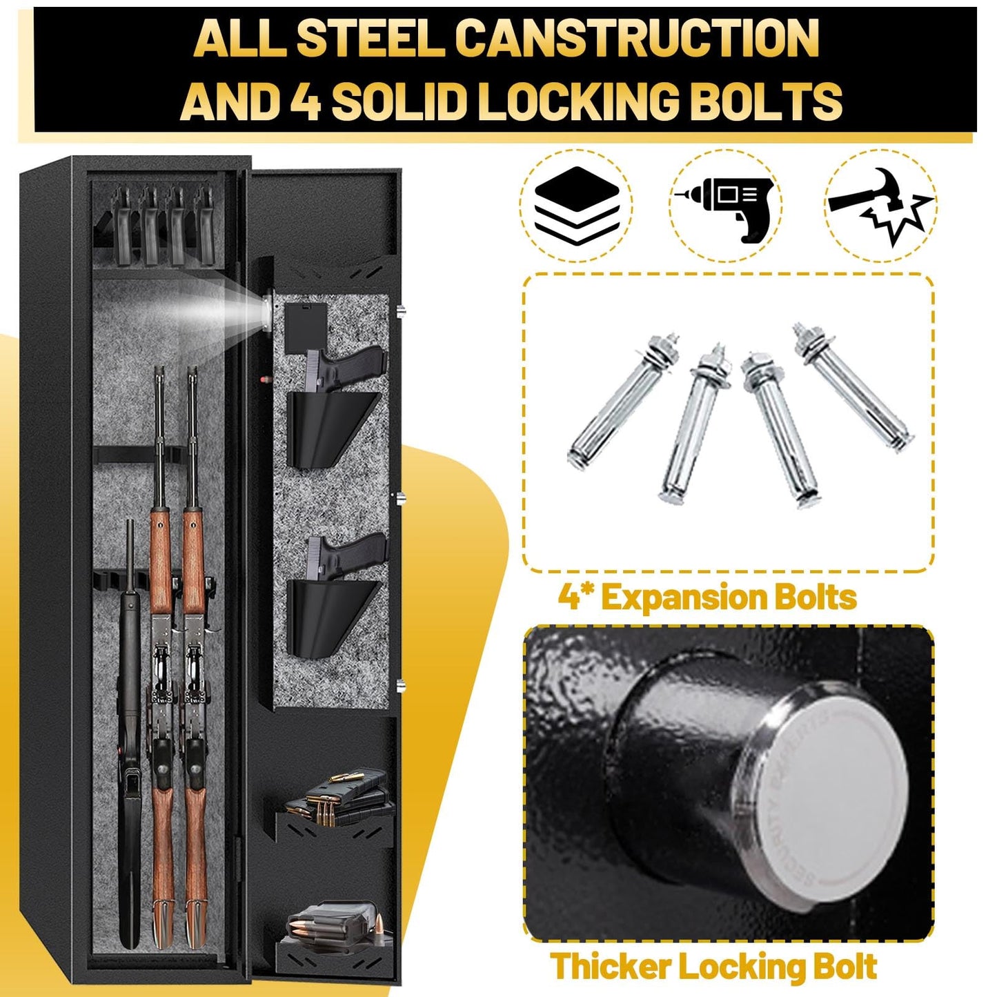 Kaer 4-5 Gun Safe,Gun Safe for Rifles and Pistols,Long Rifle Safe for Home,Gun Cabinet for Rifles and Shotguns with Fingerprint/Digital Keypad/Removable Shelf No Assembly Needed