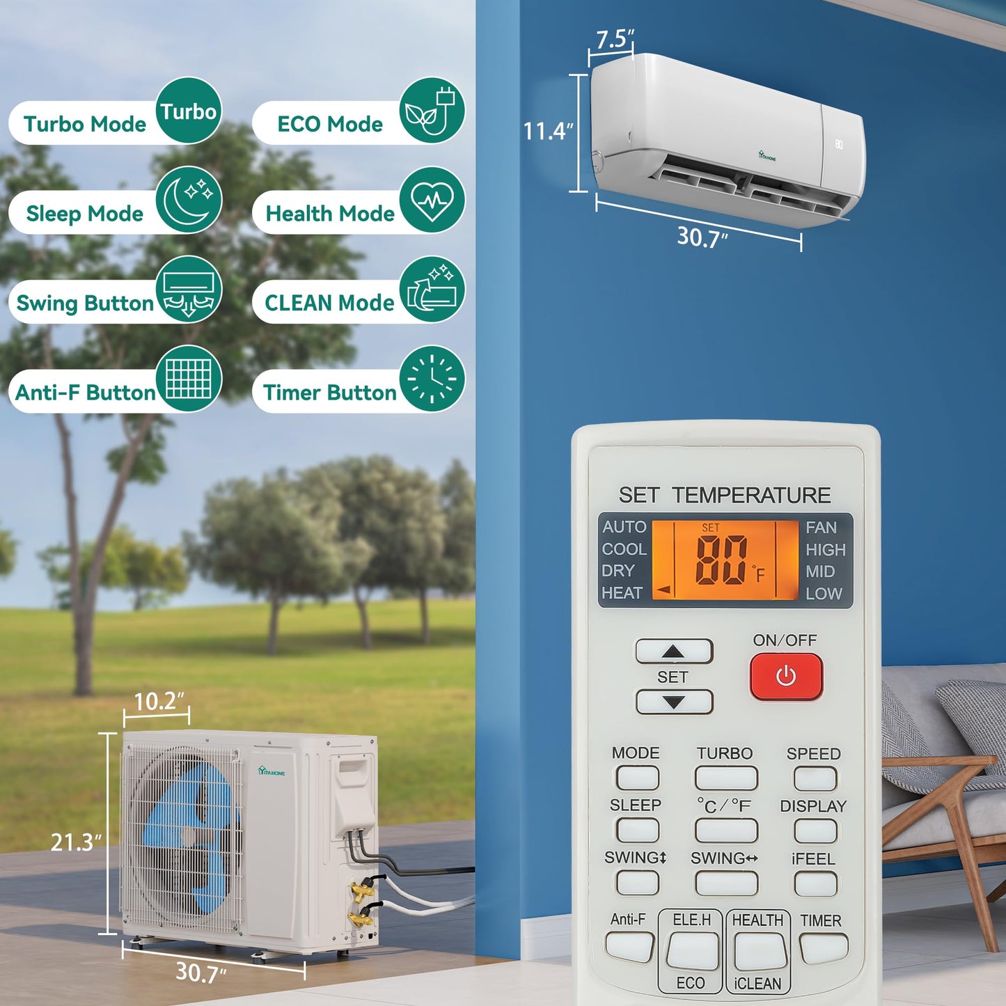YITAHOME 12000 BTU Mini Split AC/Heating System, Ductless Mini Split Air Conditioner Heat Pump,115V 20 SEER2 Energy Efficient Inverter AC Unit,Wifi Enabled Compatible with Alexa for Apartment, Garage