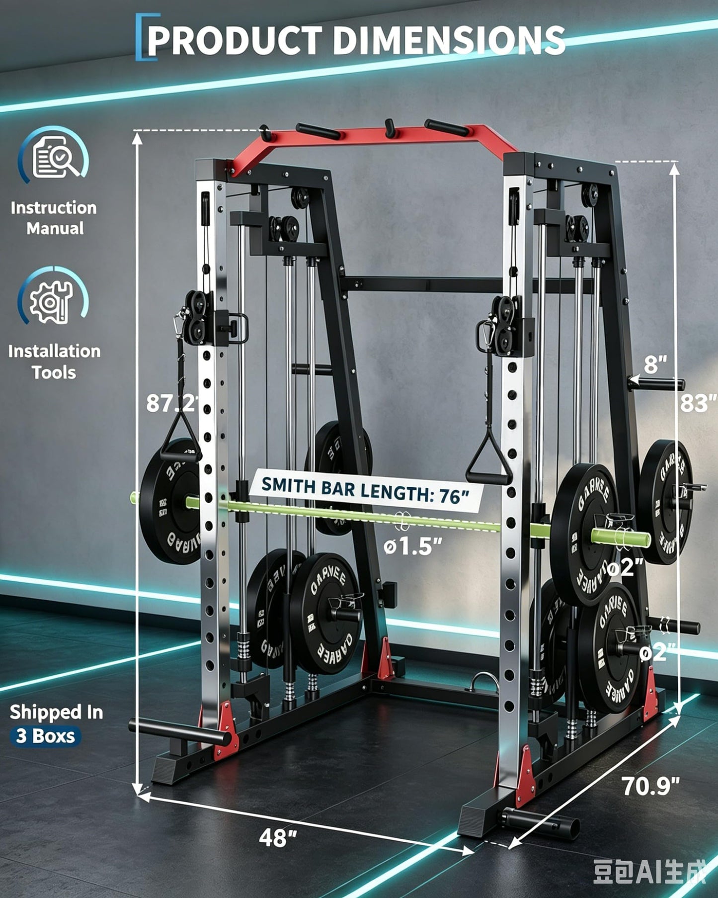 Smith Machine Home Gym, 2200lbs Squat Rack Power Cage with LAT-Pull Down System & Cable Crossover Machine, Multi-Function Training Equipment with Leg Hold-Down Attachment