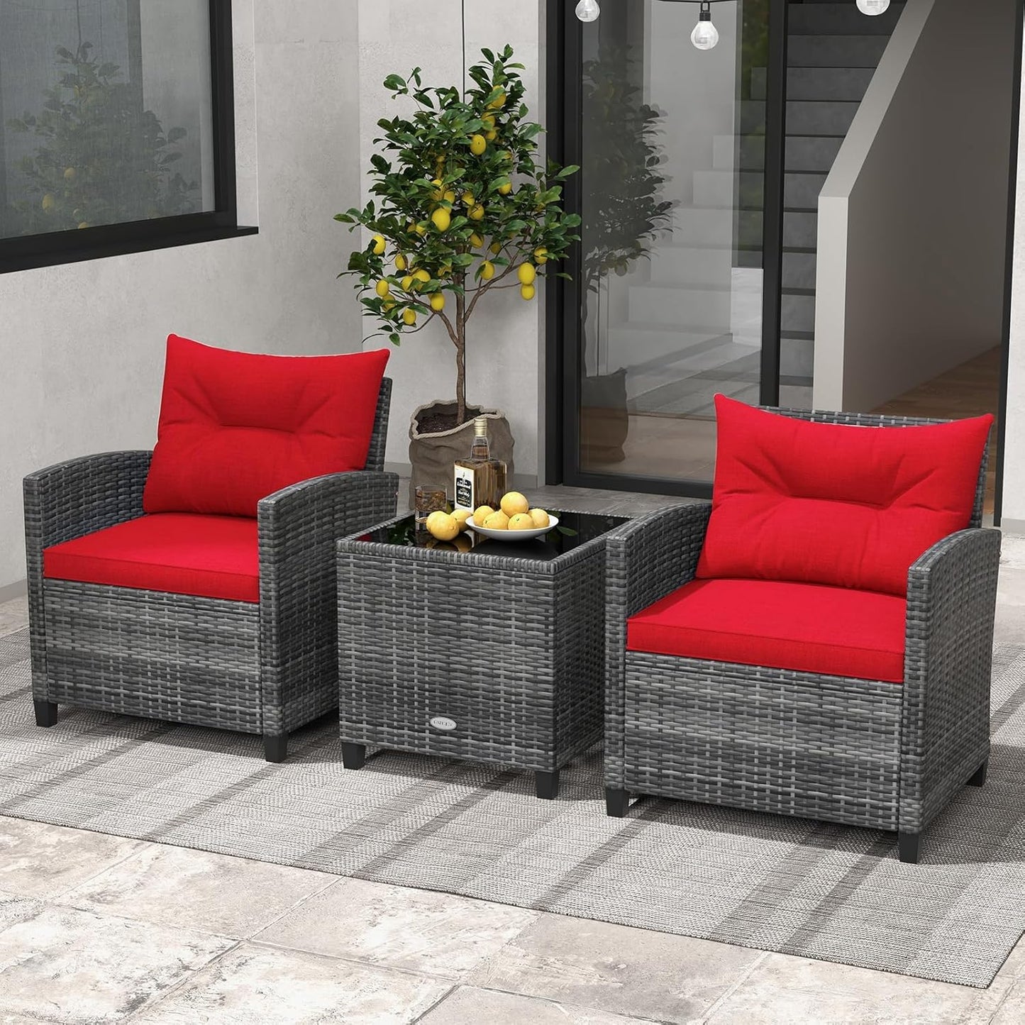 LDAILY Patio Furniture Set, 3 Pieces PE Rattan Wicker Patio Sofa Chairs with Washable Cushion & Glass Table, Outdoor Furniture Conversation Sets for Porch, Balcony, Garden, Poolside (Red)