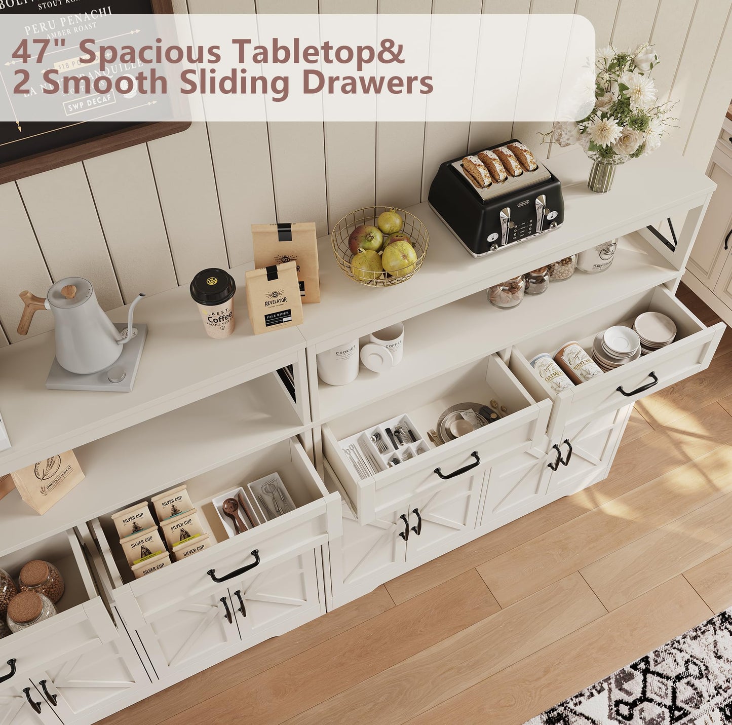 kepptory Farmhouse Kitchen Coffee Bar Cabinet with 4 Barn Doors, Kitchen Sideboard Buffet Cabinet with Drawers, 47" Pantry with Adjustable Shelves for Kitchen and Dining Room(White)