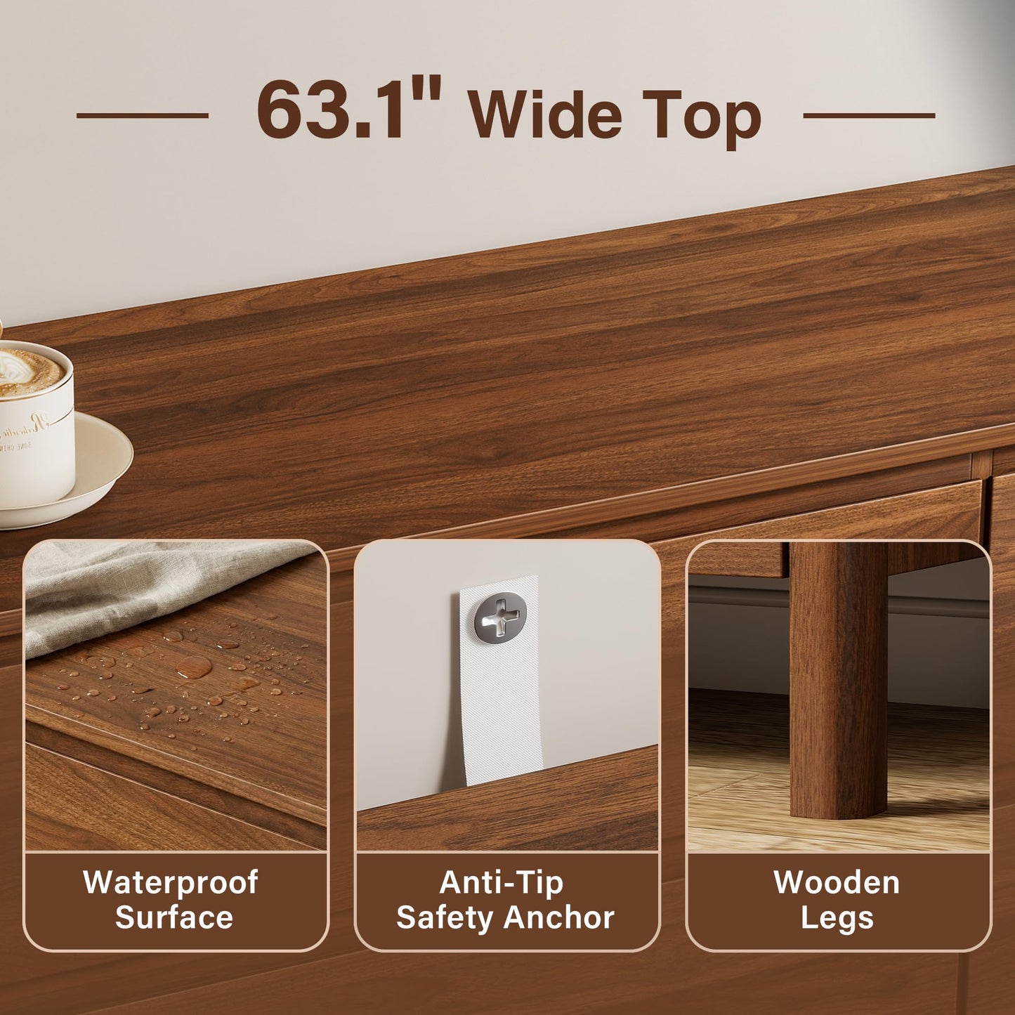 Furniway 63" Mid-Century Modern Dresser for Bedroom, 9 Drawer Wide Chest of Drawers with Wood Legs, Large Storage Bedroom Dresser, Walnut