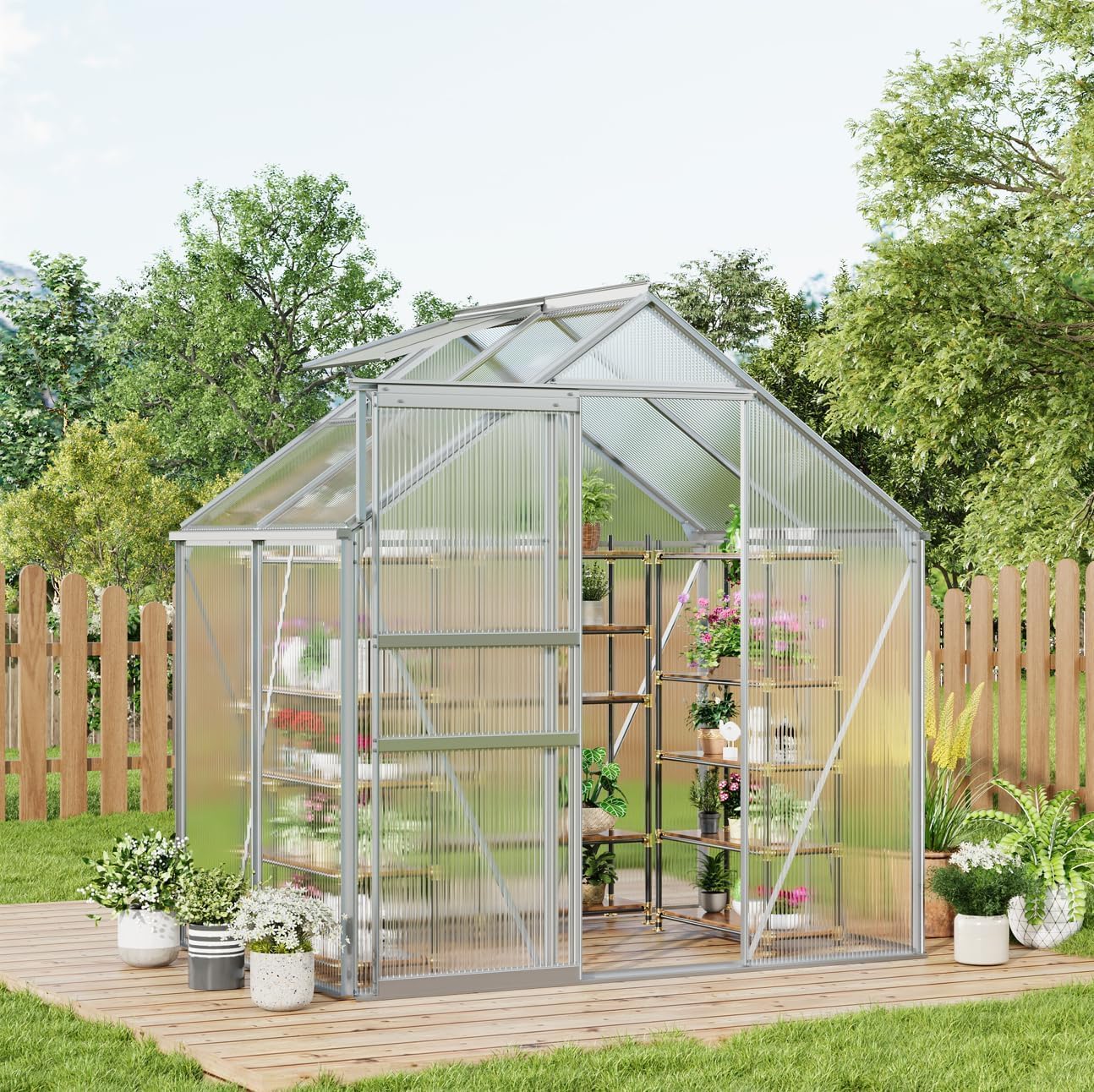 6x4 ft Greenhouse, Walk in Polycarbonate Greenhouses for Outdoors with Roof Vent&Sliding Door, Heavy Duty Green House with Aluminum Frame for Outside Garden Backyard, Patio, Lawn, Silver