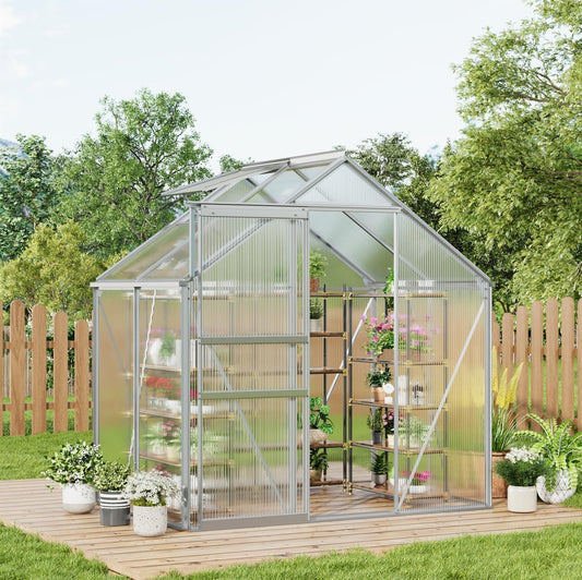6x4 ft Greenhouse, Walk in Polycarbonate Greenhouses for Outdoors with Roof Vent&Sliding Door, Heavy Duty Green House with Aluminum Frame for Outside Garden Backyard, Patio, Lawn, Silver