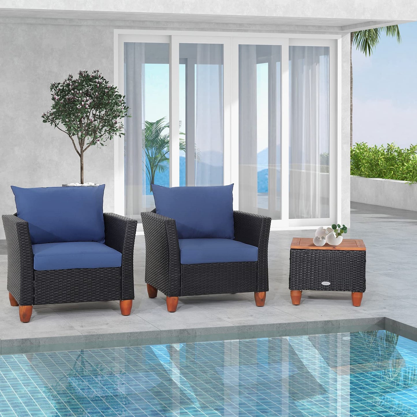 Tangkula 3 Piece Patio Furniture Set, Patiojoy Outdoor Wicker Rattan Bistro Sofa Set w/Washable Cushion, Acacia Wood Top Coffee Table, Conversation Set for Balcony Backyard Porch (Blue)