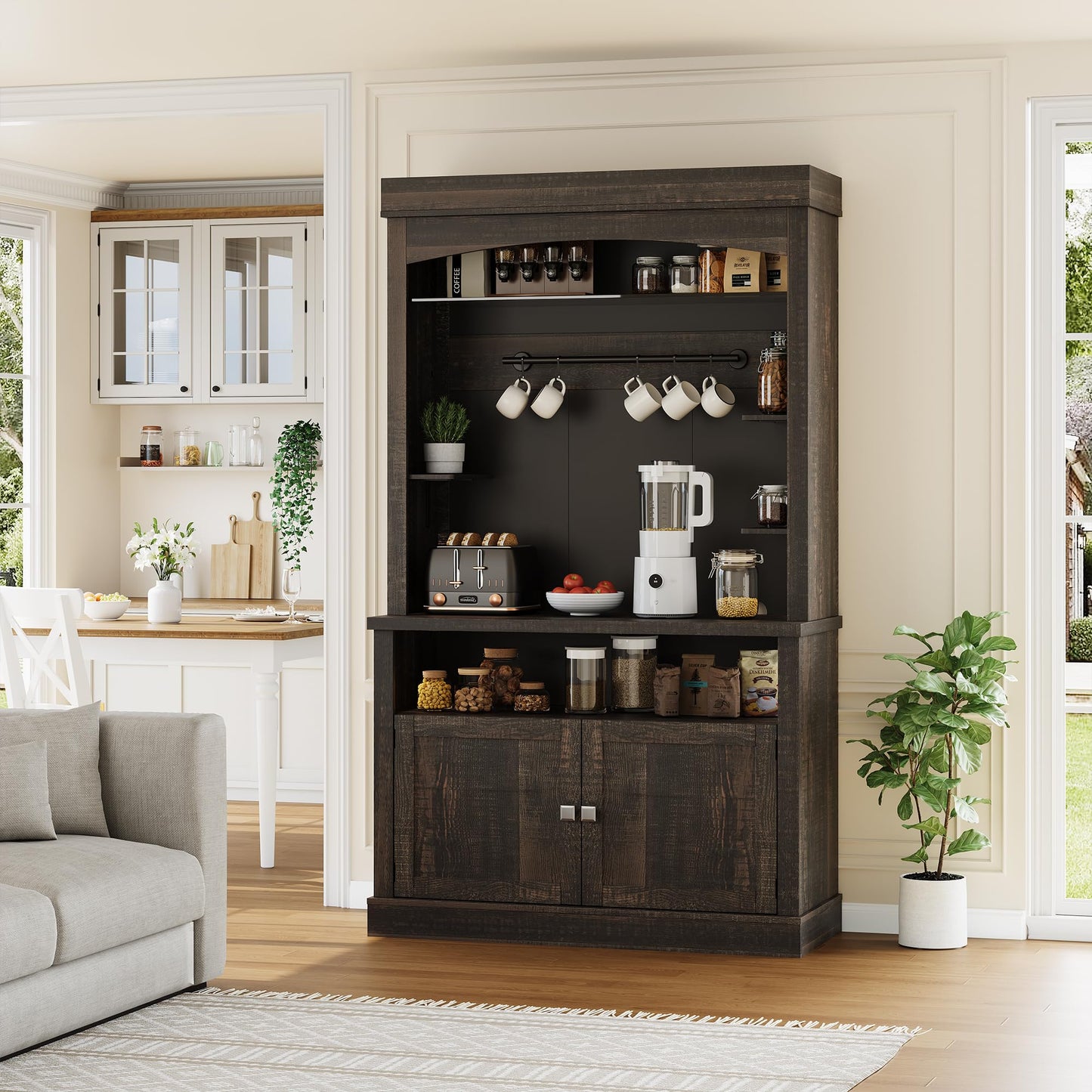 Garvee Farmhouse Coffee Bar Cabinet with Storage LED Buffet Cabinet 72" Coffee Hutch Cabinet Large Kitchen Sideboard with Wine Rack/Glass Shelf for Kitchen, Dining Room, Living Room,Oak